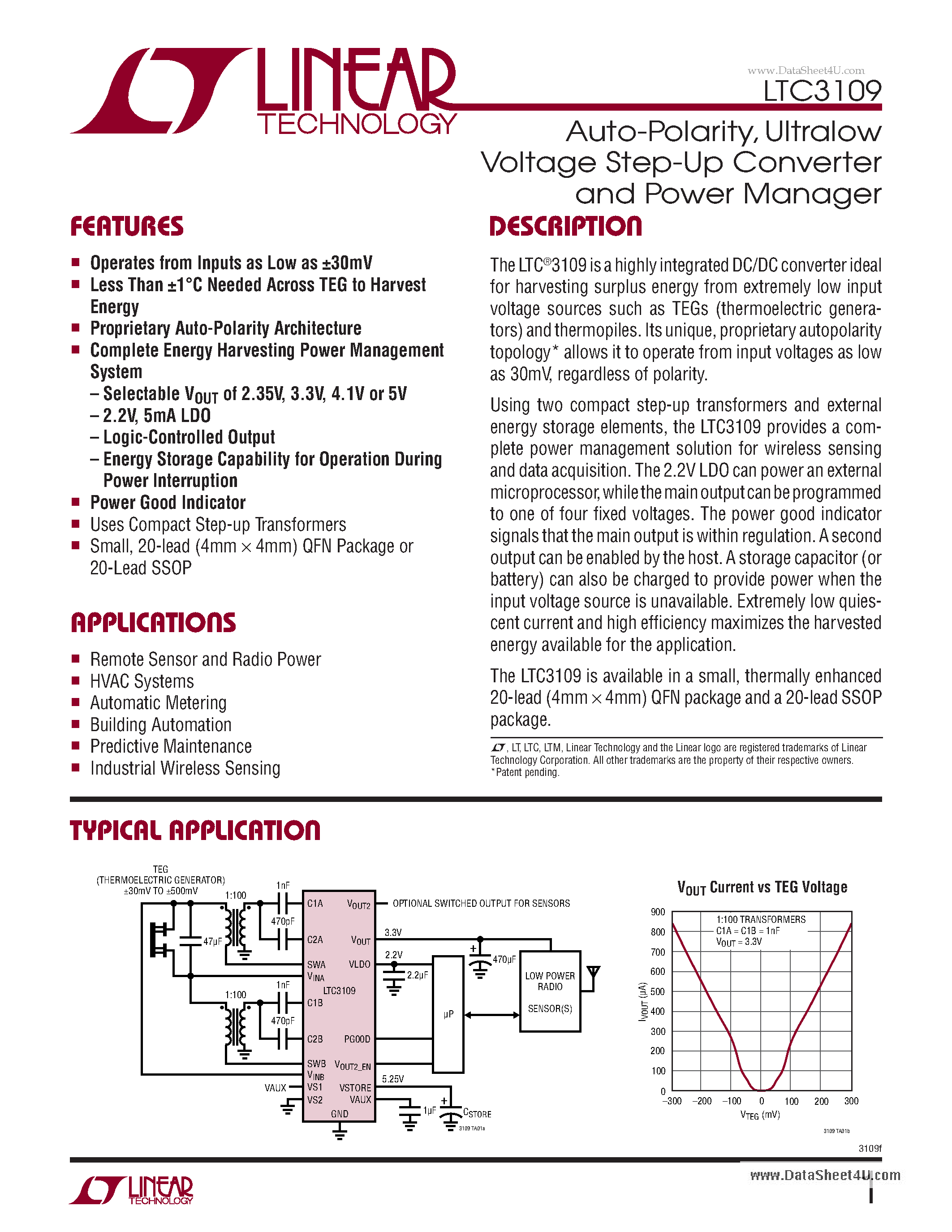 Datasheet LTC3109 - Ultralow Voltage Step-Up Converter and Power Manager page 1