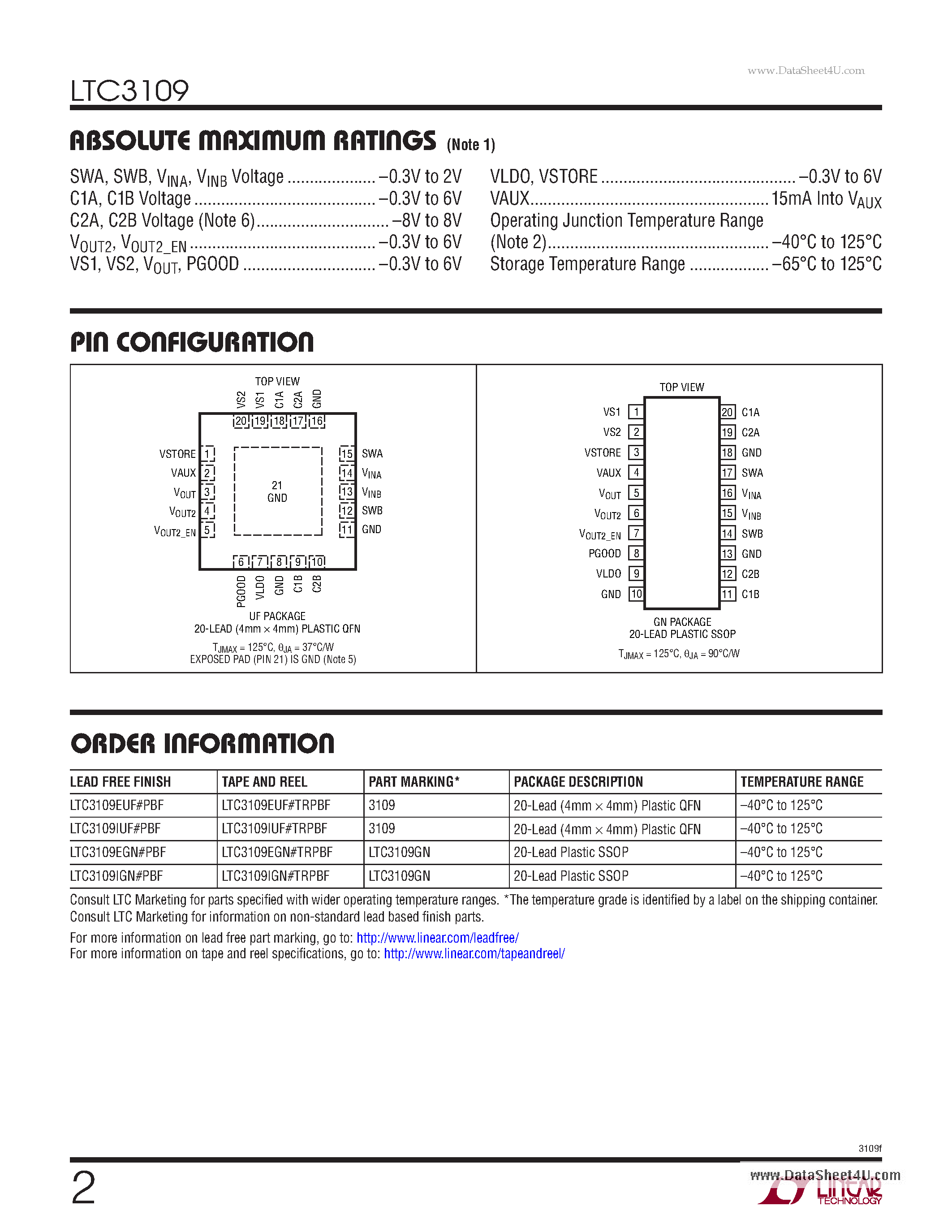 Datasheet LTC3109 - Ultralow Voltage Step-Up Converter and Power Manager page 2