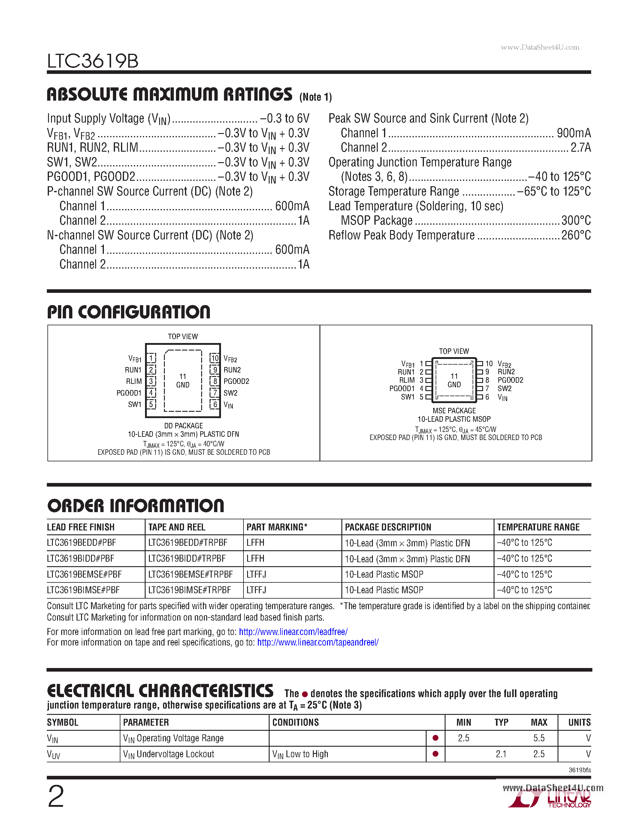 Datasheet LTC3619B - 400mA/800mA Synchronous Step-Down DC/DC page 2
