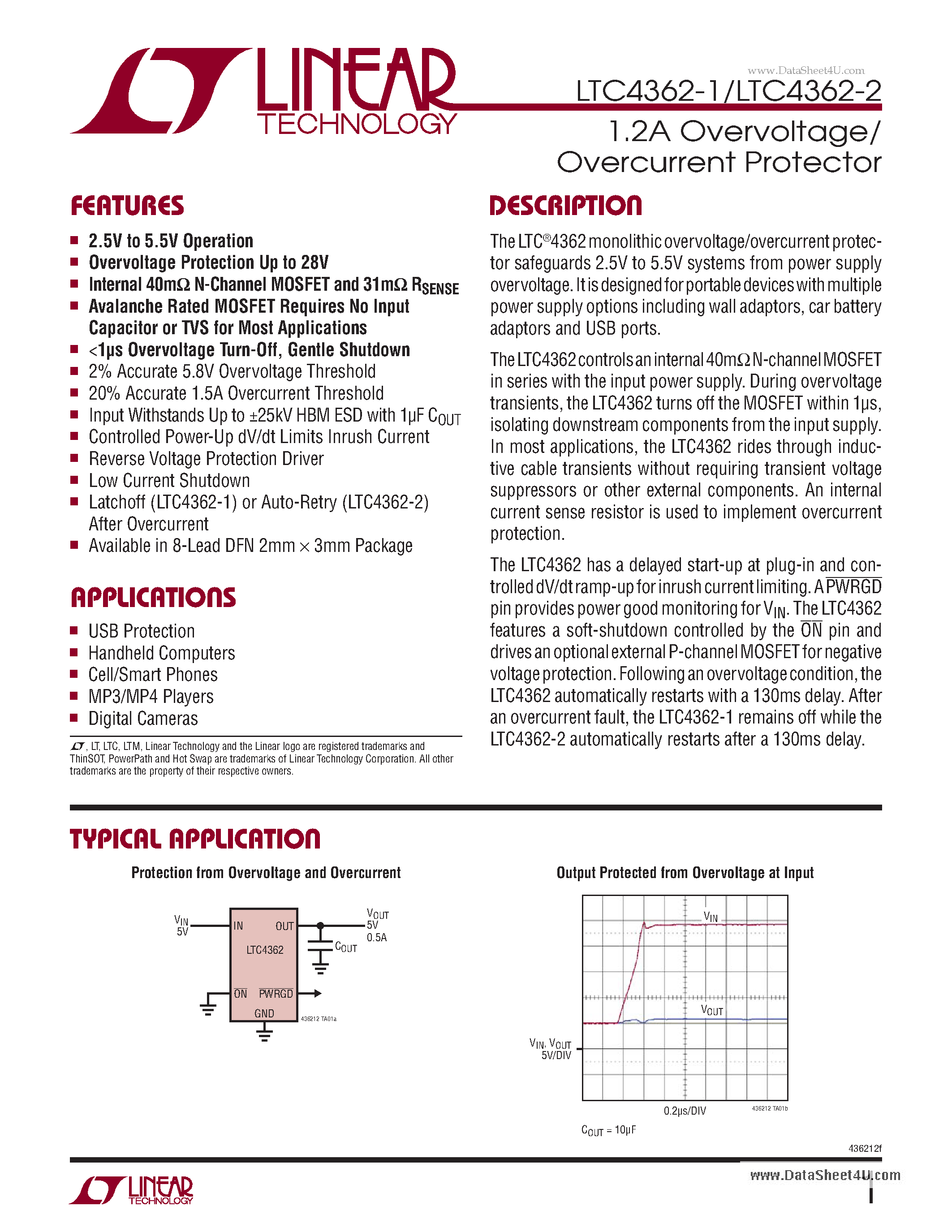 Datasheet LTC4362-1 - 1.2A Overvoltage/ Overcurrent Protector page 1