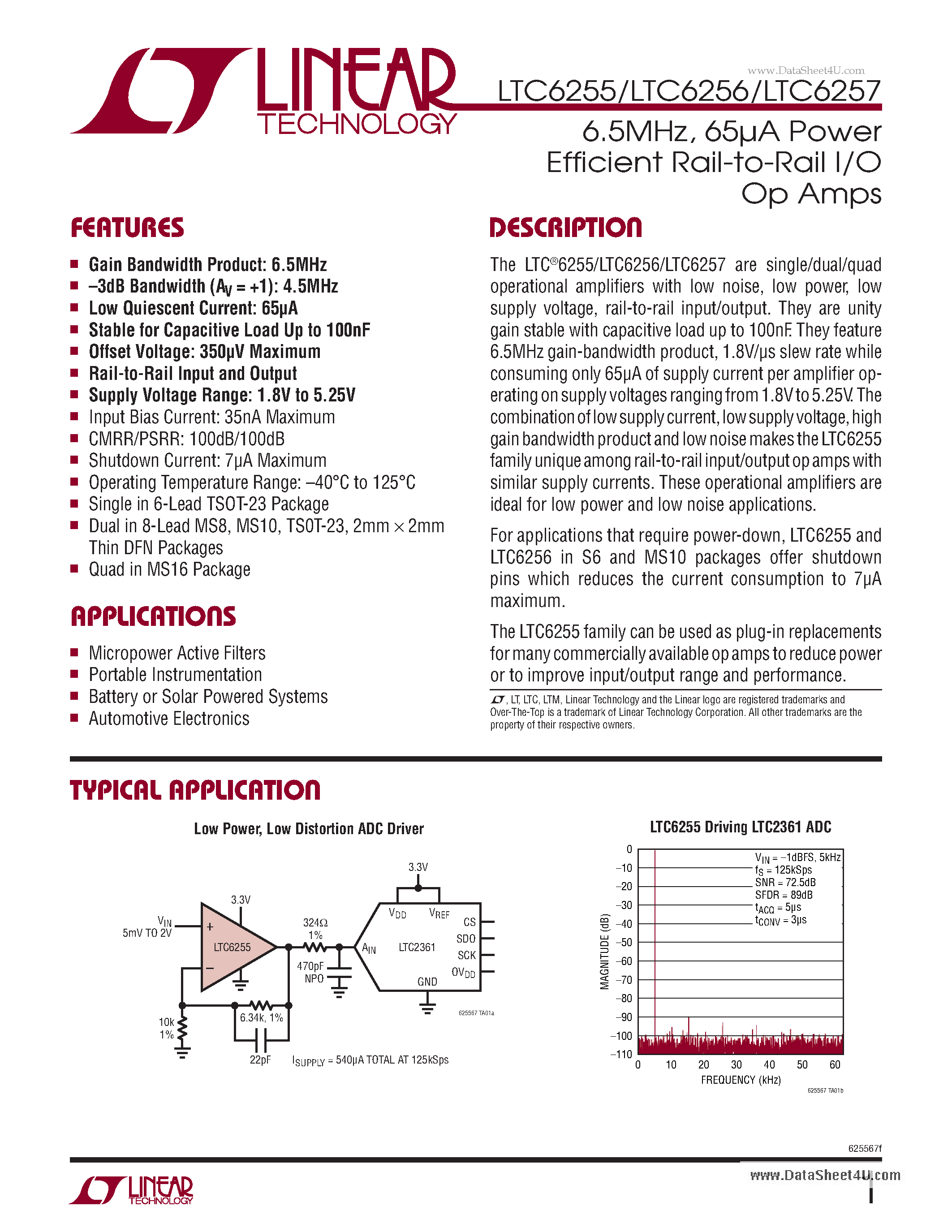 Даташит на микросхему LTC6255 страница 1 Даташит LTC6255 - 65uA Power Efficient Rail-to-Rail I/O Op Amps страница 1