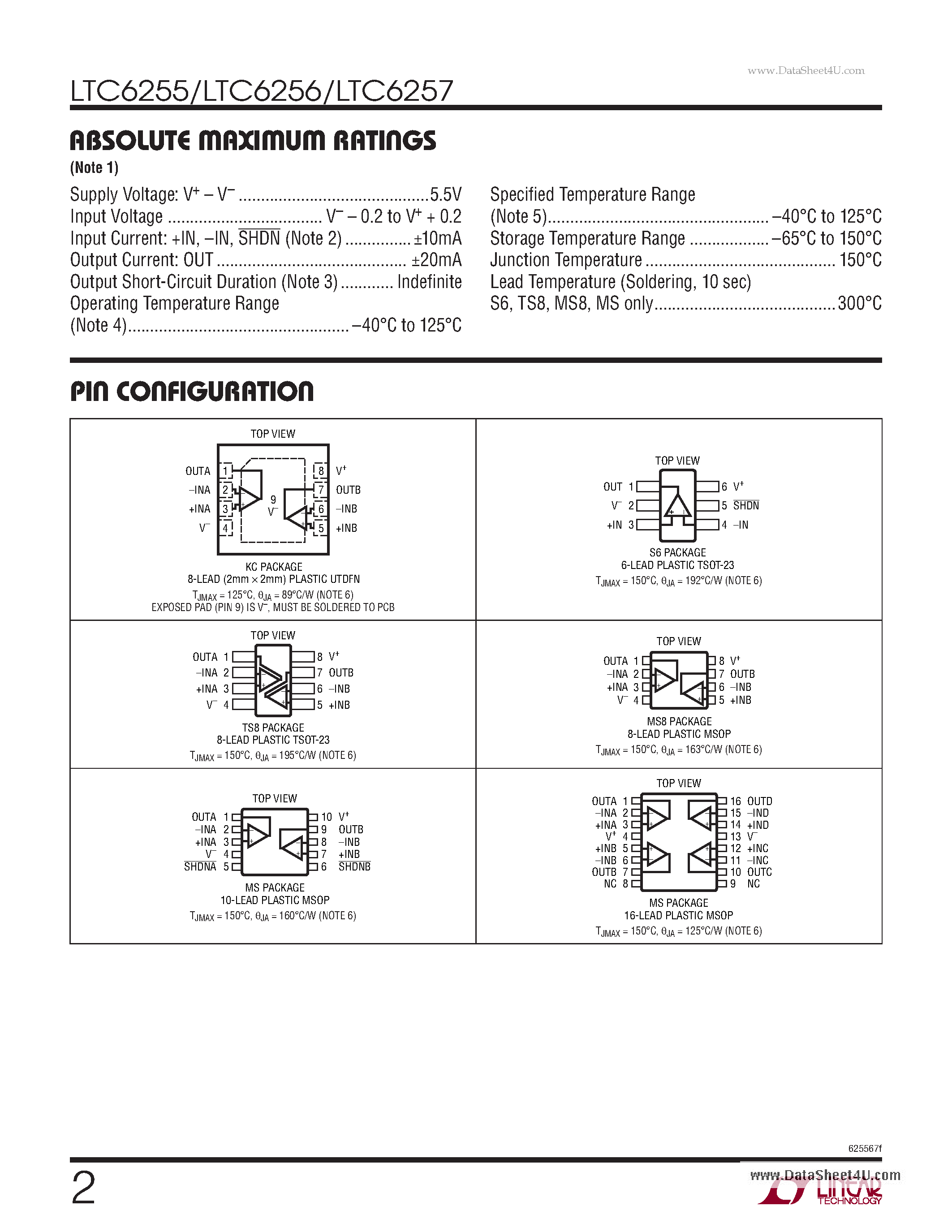Даташит на микросхему LTC6255 страница 2 Даташит LTC6255 - 65uA Power Efficient Rail-to-Rail I/O Op Amps страница 2