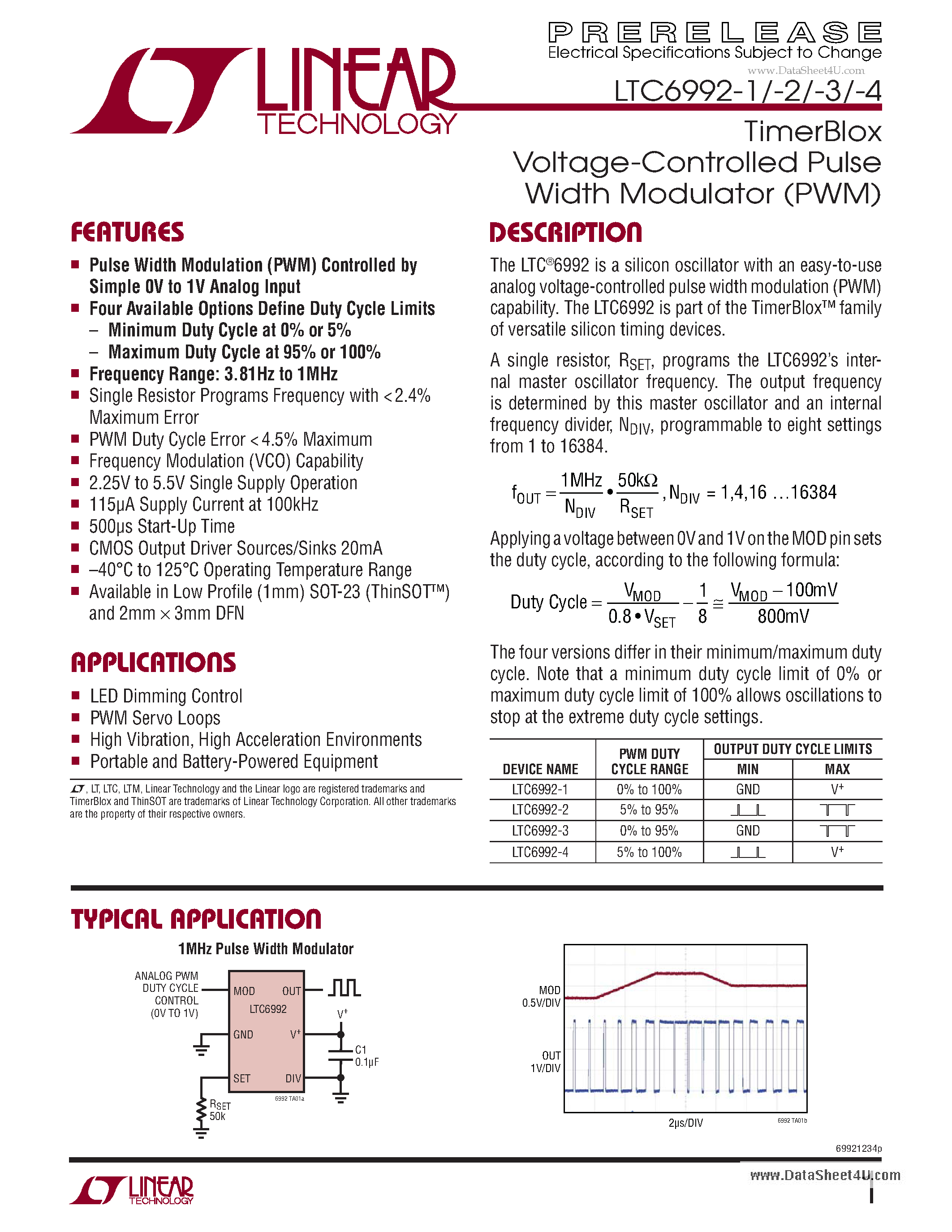 Datasheet LTC6992-1 - TimerBlox Voltage-Controlled Pulse Width Modulator (PWM) page 1