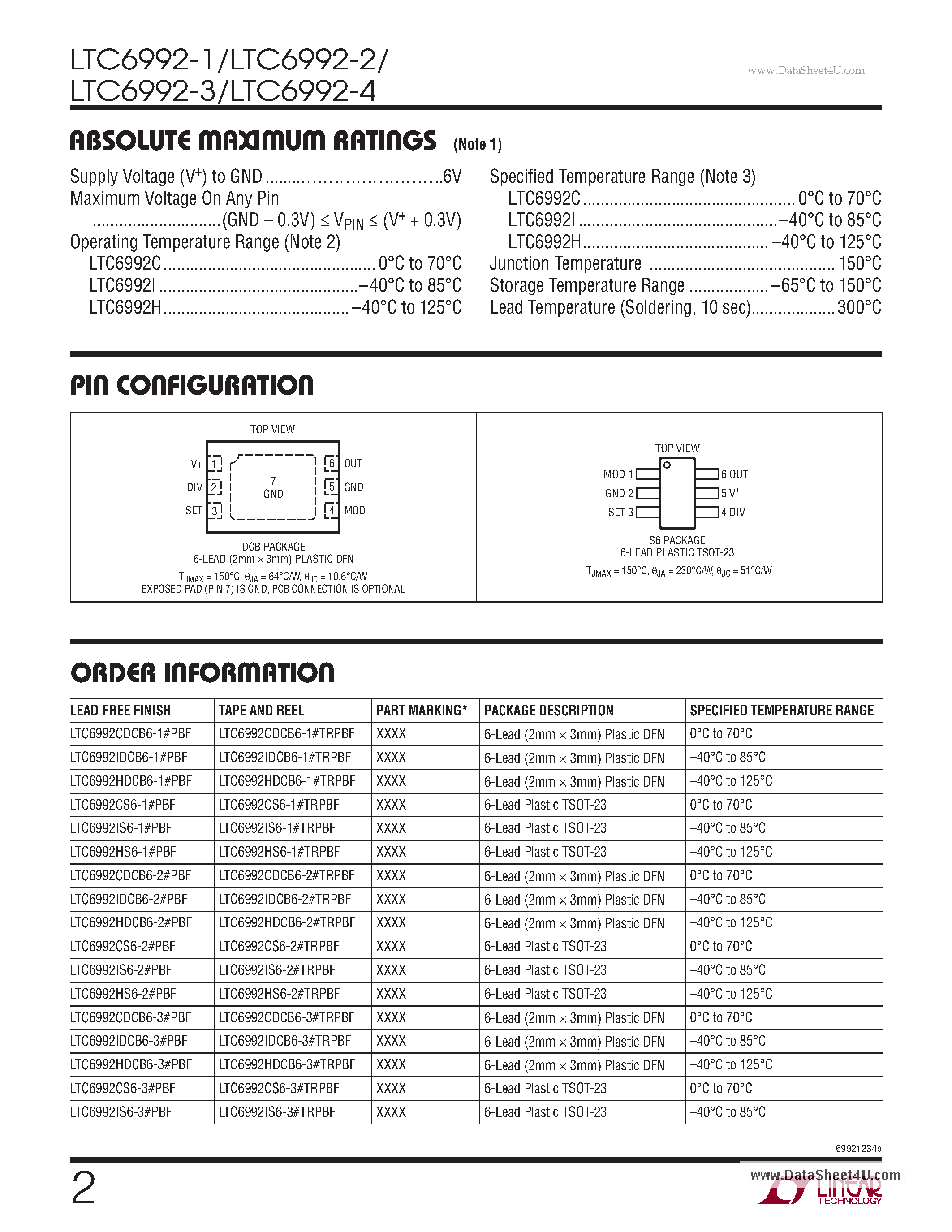Datasheet LTC6992-1 - TimerBlox Voltage-Controlled Pulse Width Modulator (PWM) page 2