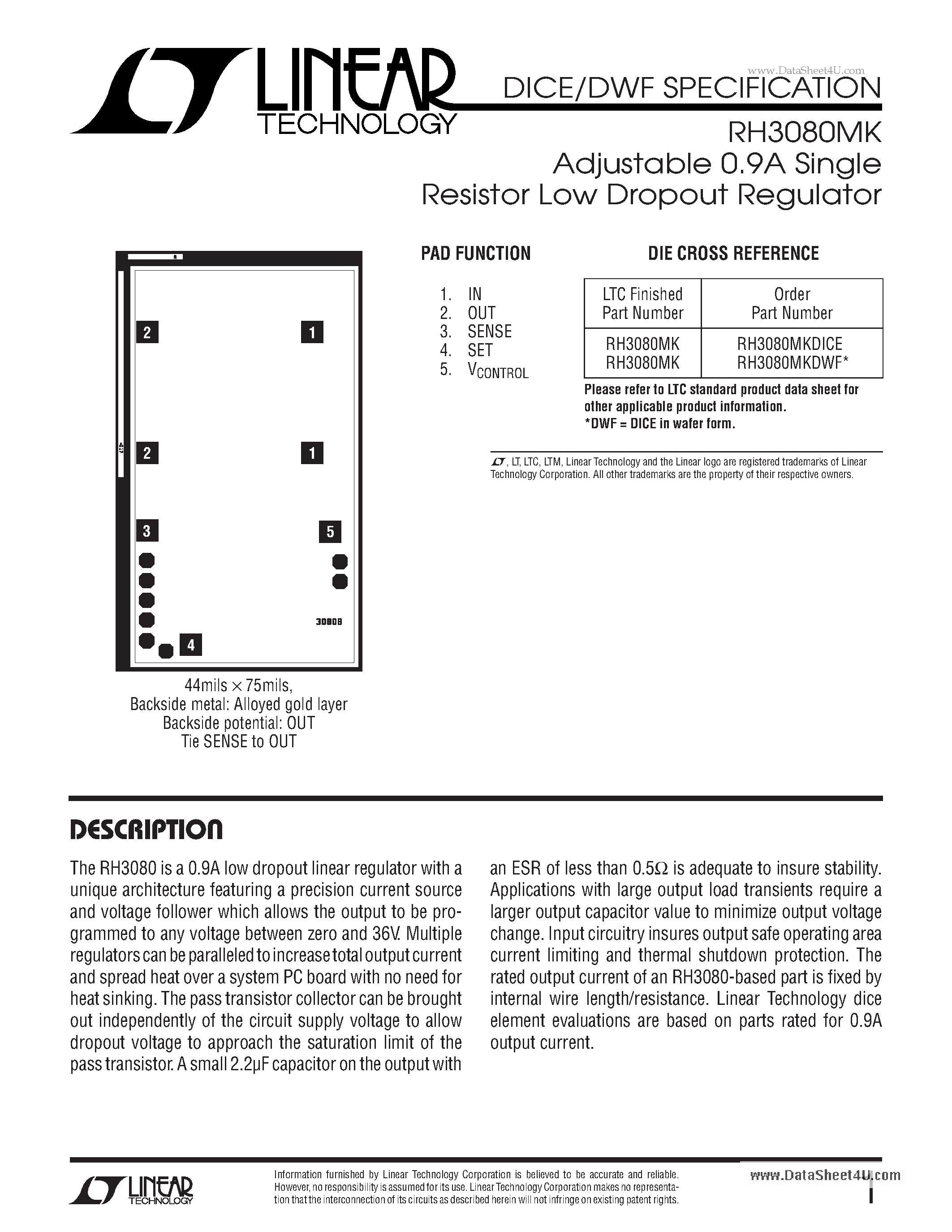 Datasheet RH3080MK - Adjustable 0.9A Single Resistor Low Dropout Regulator page 1