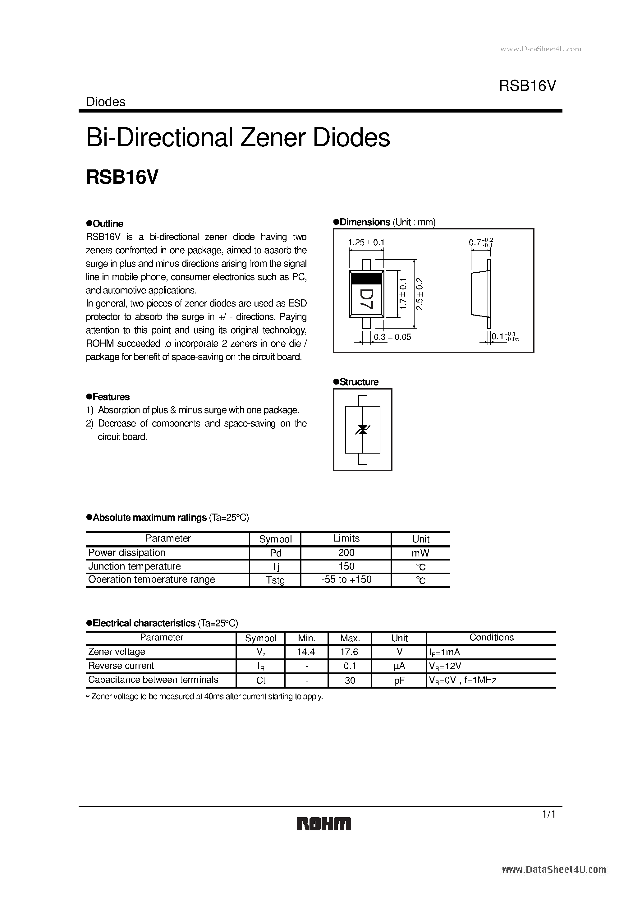 Даташит на микросхему RSB16V страница 1 Даташит RSB16V - Bi-Directional Zener Diodes страница 1