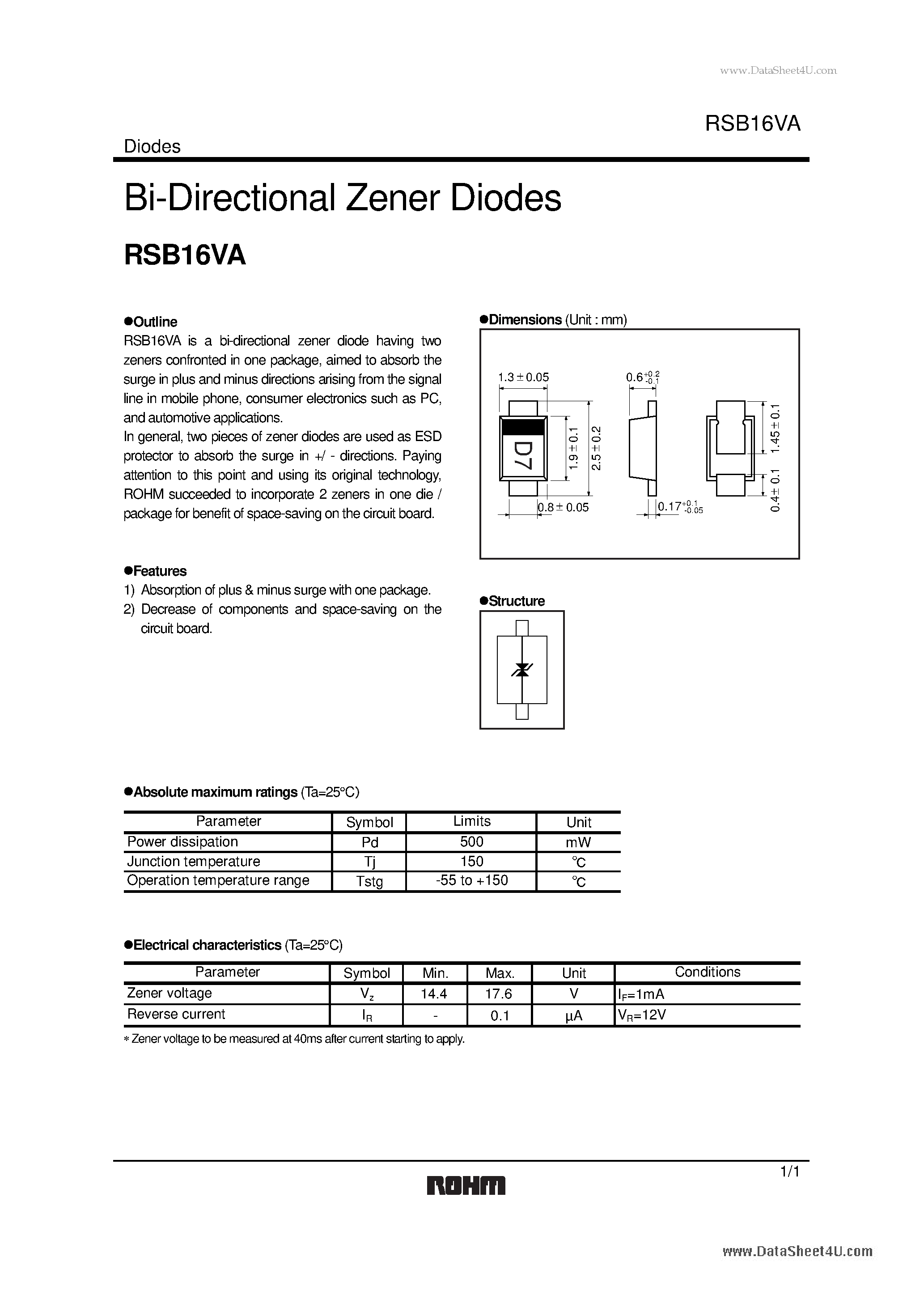 Даташит на микросхему RSB16VA страница 1 Даташит RSB16VA - Bi-Directional Zener Diodes страница 1