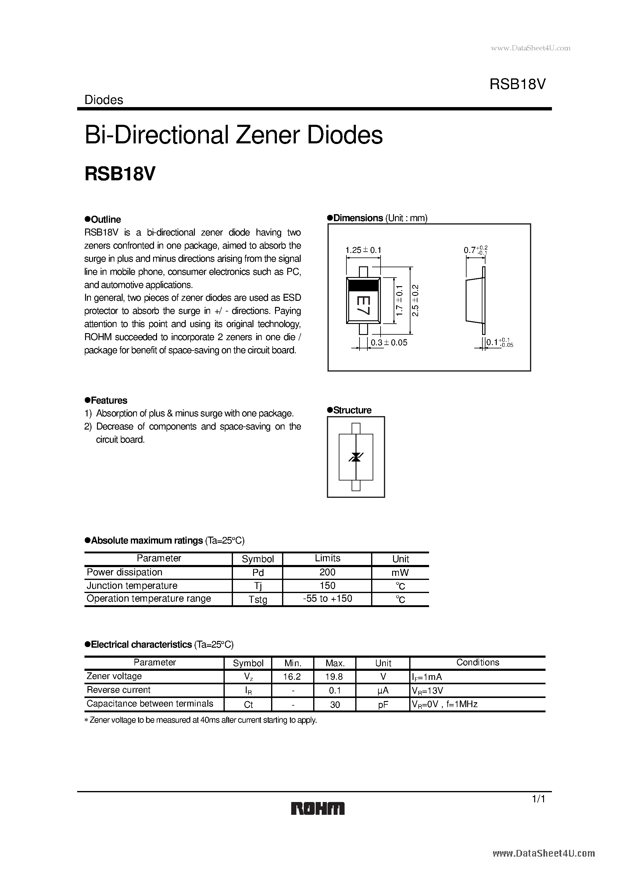 Даташит RSB18V - Bi-Directional Zener Diodes страница 1
