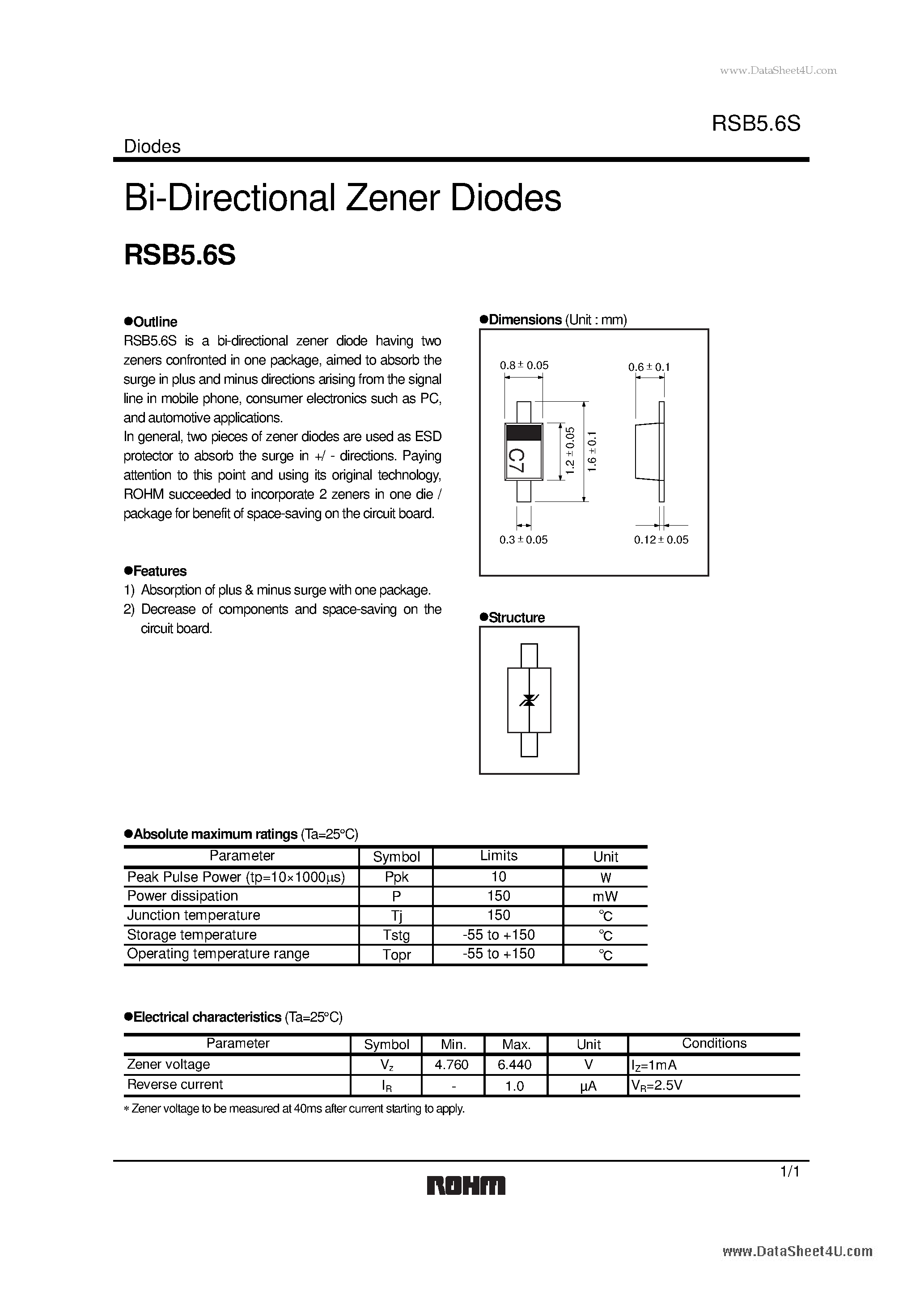 Даташит RSB5.6S - Bi-Directional Zener Diodes страница 1