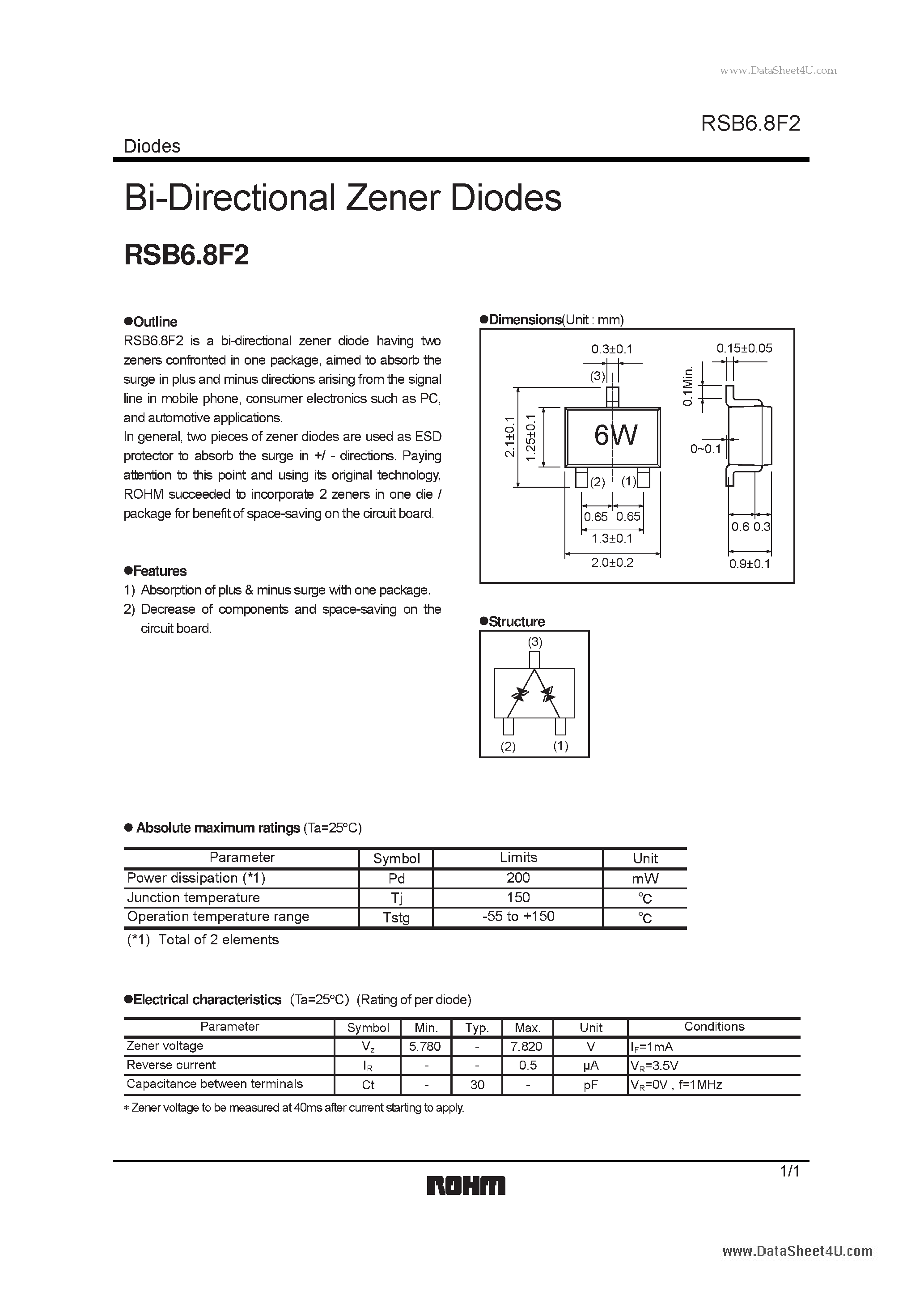 Даташит RSB6.8F2 - Bi-Directional Zener Diodes страница 1