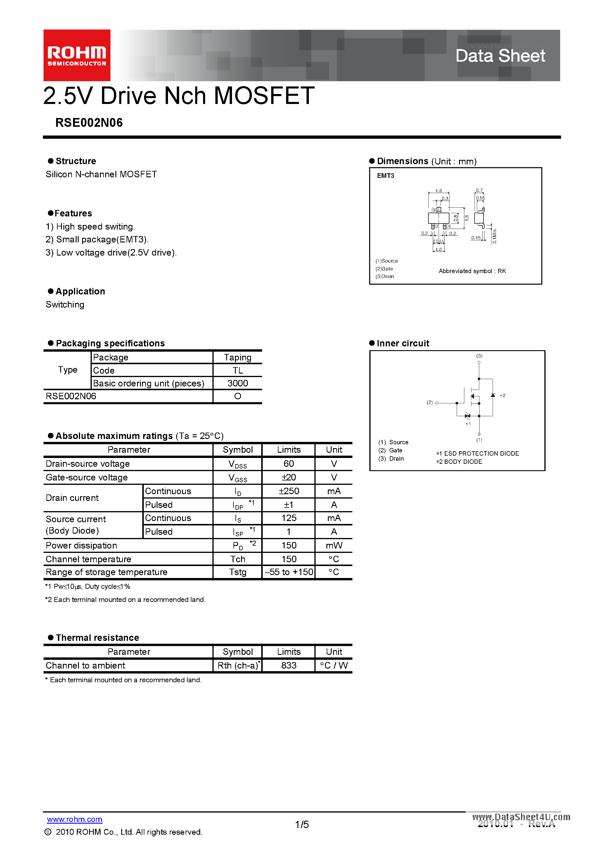 Datasheet RSE002N06 page 1 Datasheet RSE002N06 - 2.5V Drive Nch MOSFET page 1
