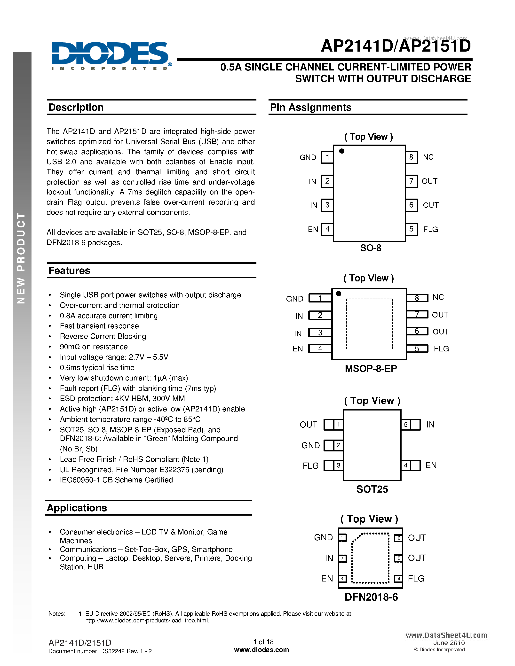Datasheet AP2141D page 1 Datasheet AP2141D - 0.5A SINGLE CHANNEL CURRENT-LIMITED POWER SWITCH page 1