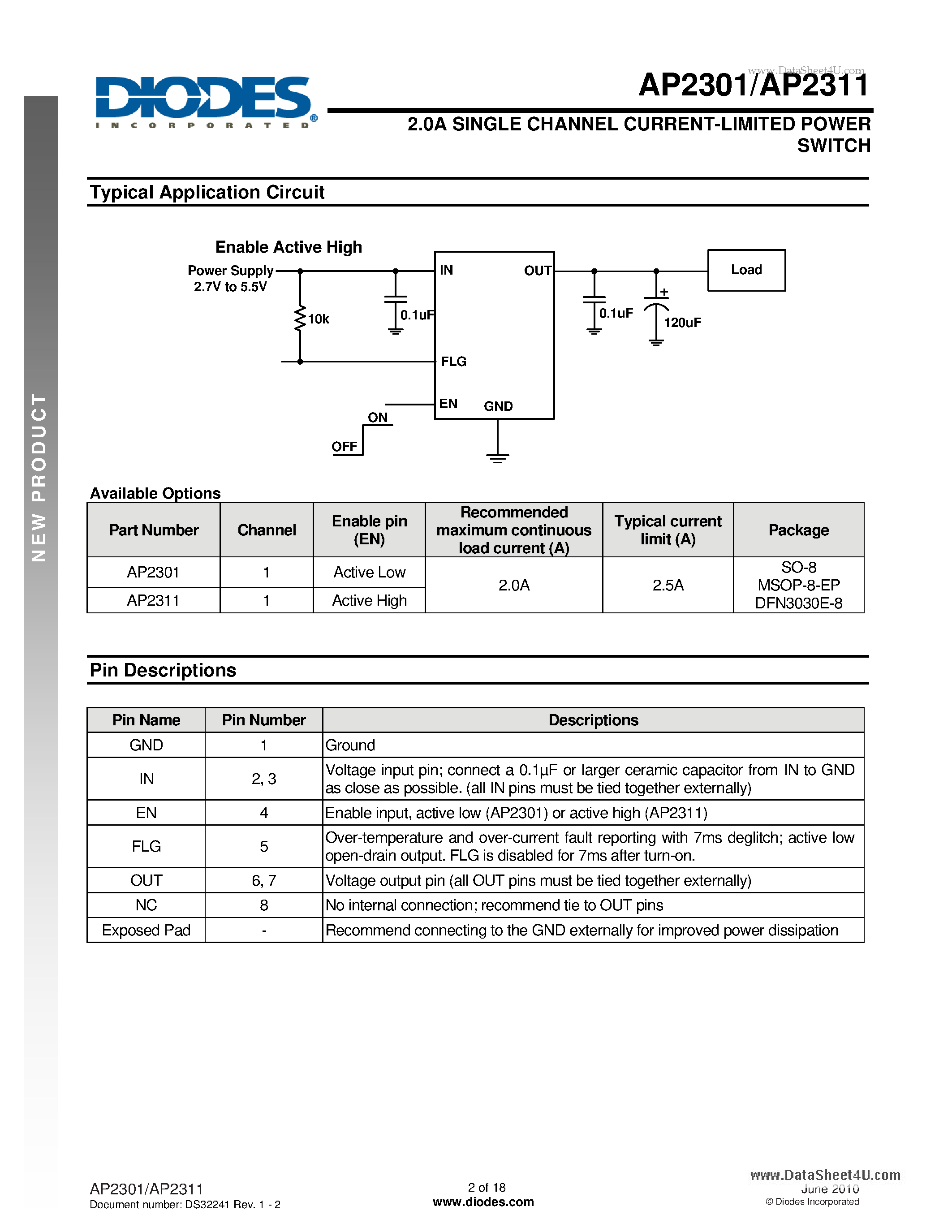Datasheet AP2301 - 2.0A SINGLE CHANNEL CURRENT-LIMITED POWER SWITCH page 2