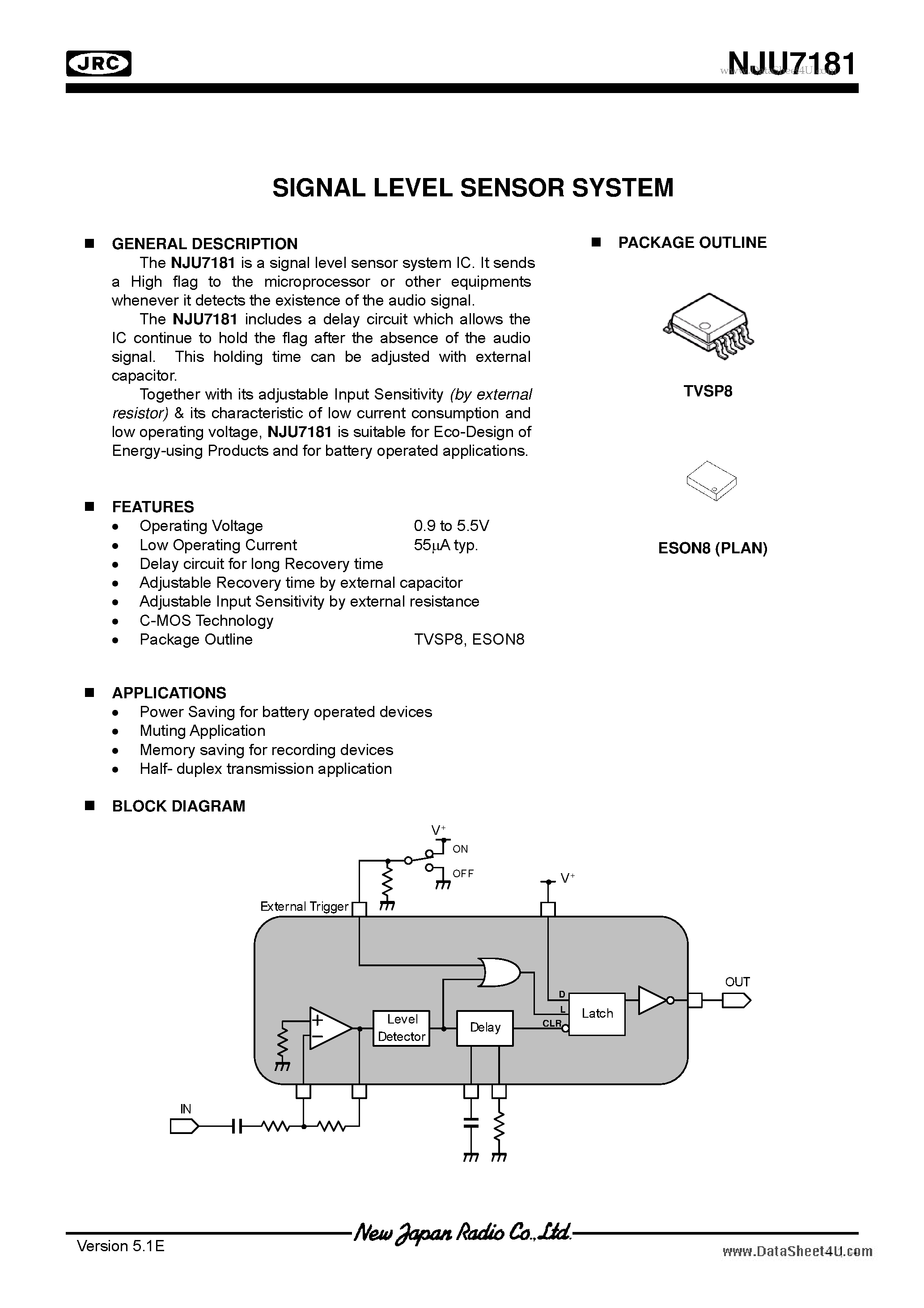 Datasheet NJU7181 page 1 Datasheet NJU7181 - SIGNAL LEVEL SENSOR SYSTEM page 1