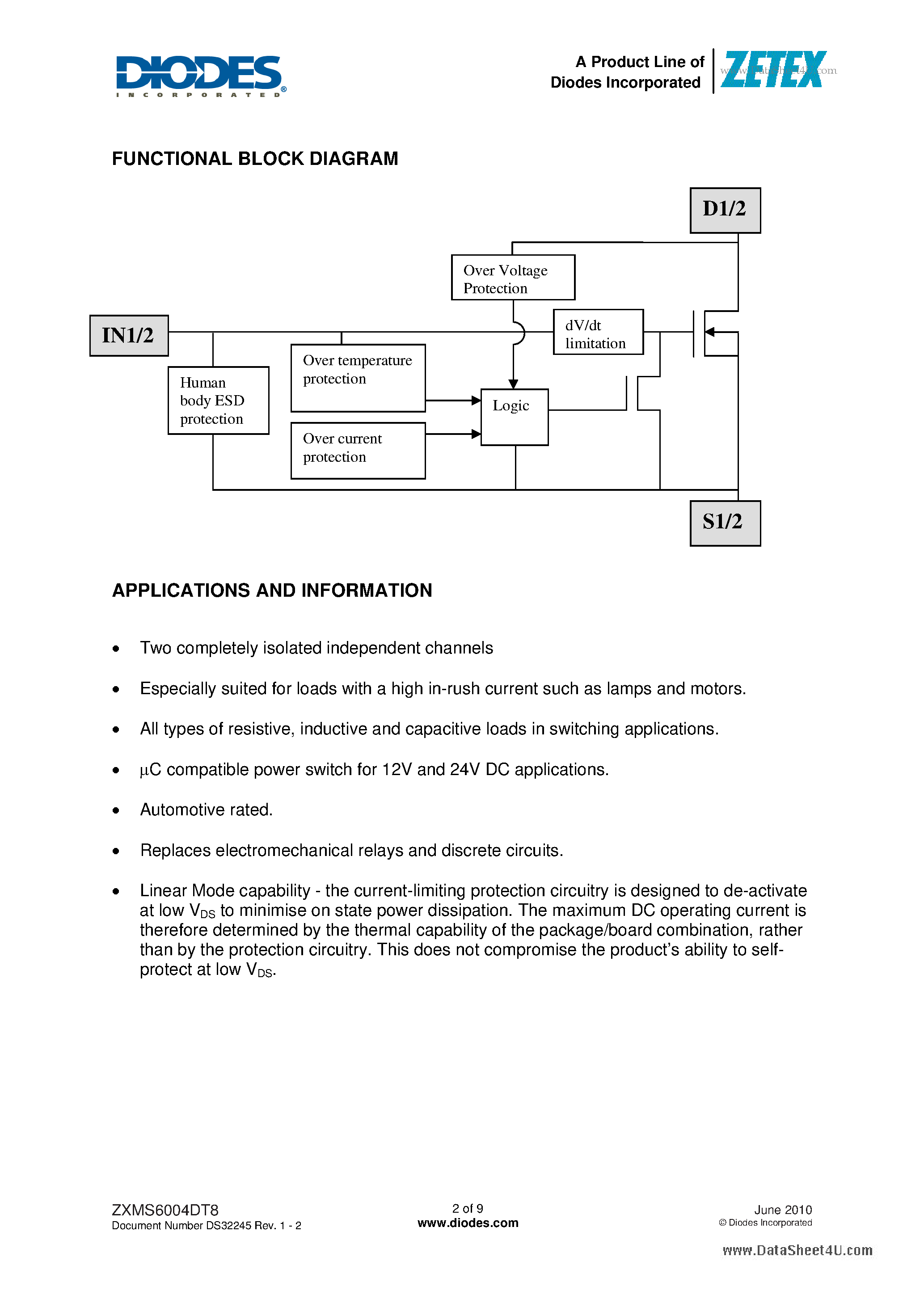 Datasheet ZXMS6004DT8 page 2 Datasheet ZXMS6004DT8 - 60V N-CHANNEL SELF PROTECTED ENHANCEMENT MODE INTELLIFET MOSFET page 2