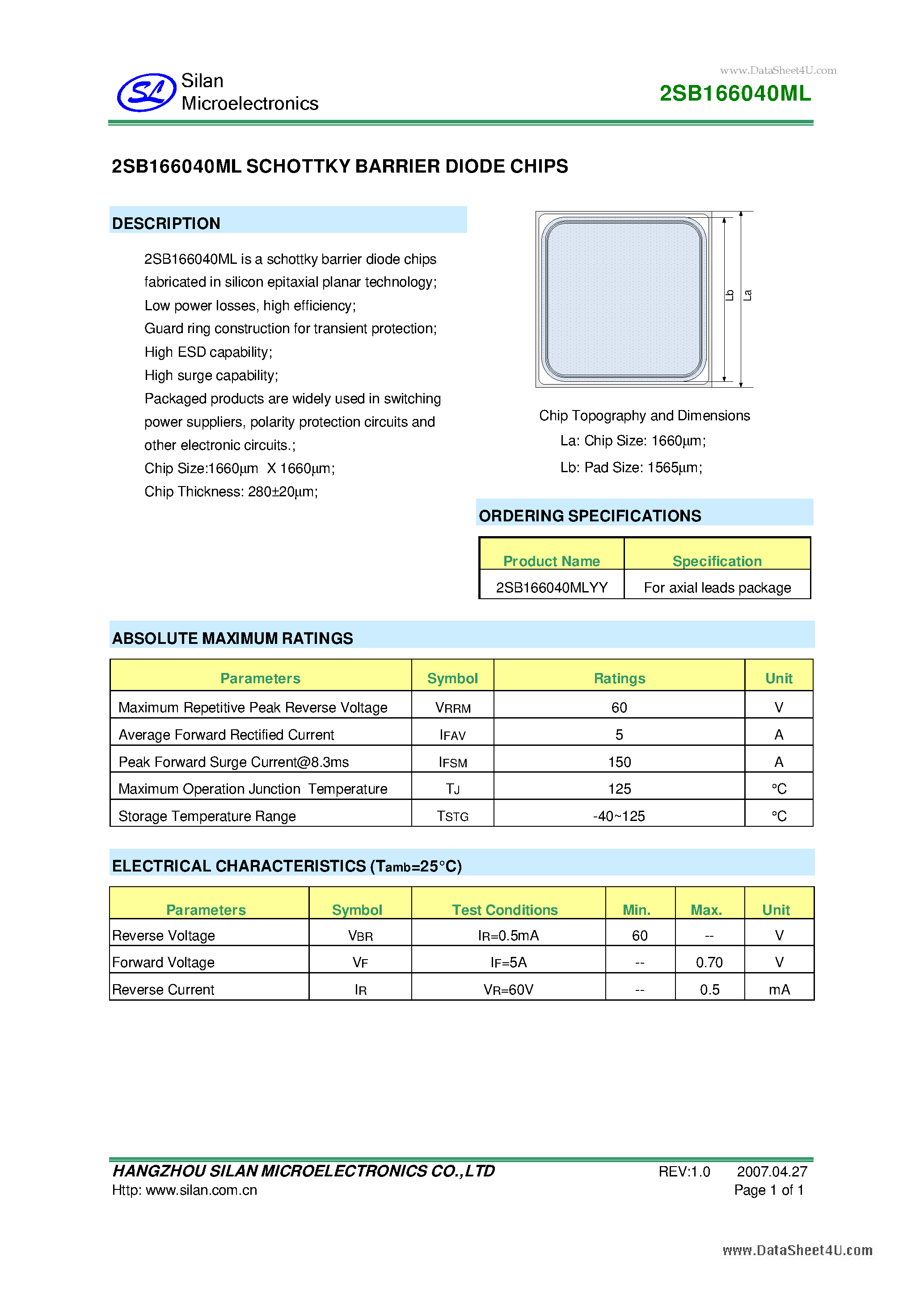 Datasheet 2SB166040ML page 1 Datasheet 2SB166040ML - SCHOTTKY BARRIER DIODE CHIPS page 1