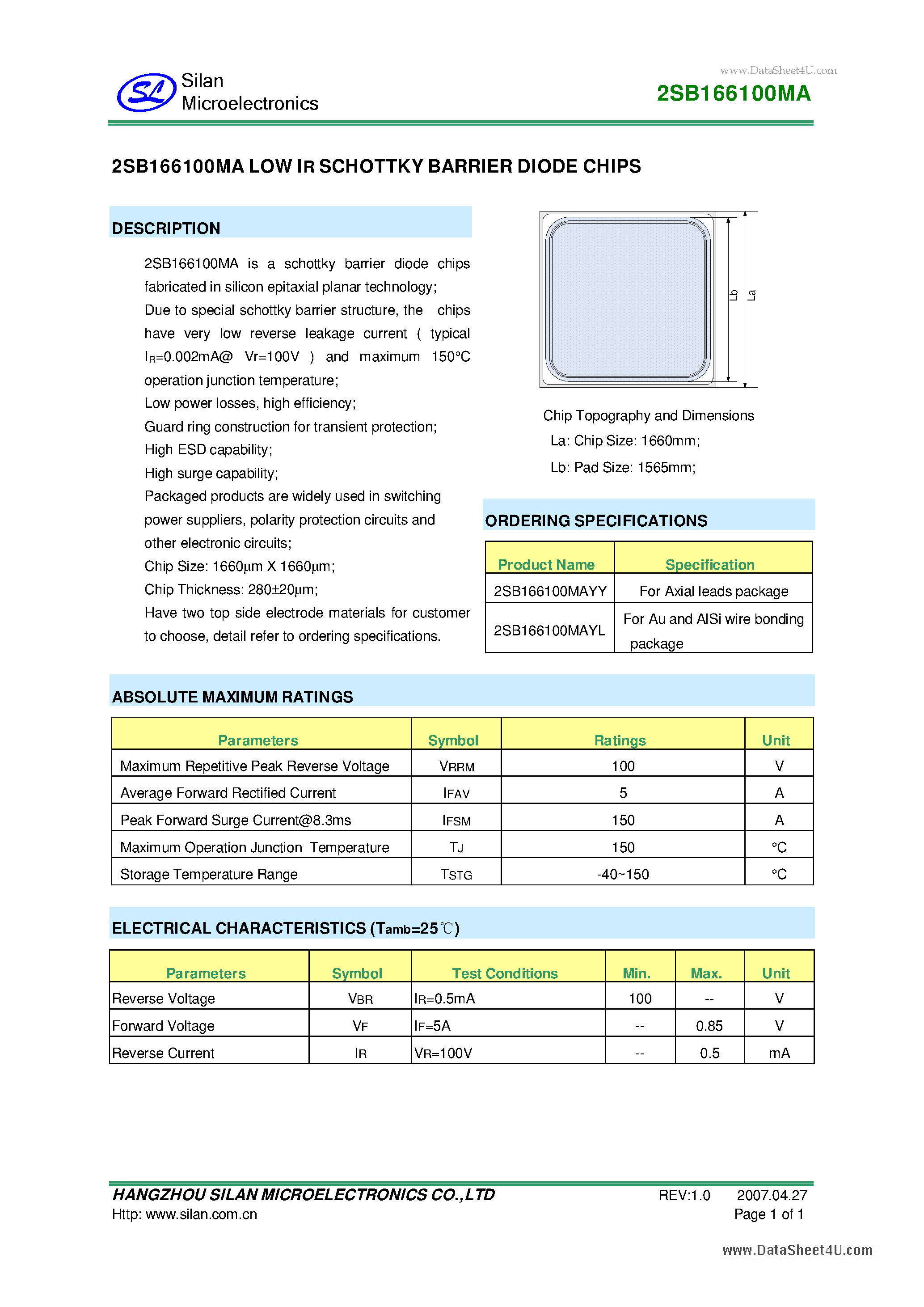 Datasheet 2SB166100MA page 1 Datasheet 2SB166100MA - LOW IR SCHOTTKY BARRIER DIODE CHIPS page 1