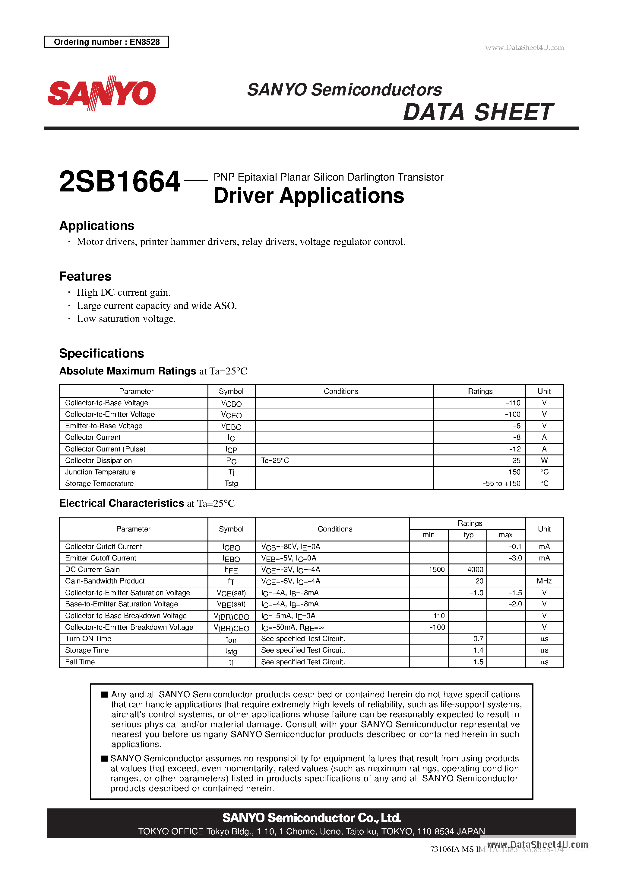 Datasheet 2SB1664 page 1 Datasheet 2SB1664 - PNP Epitaxial Planar Silicon Darlington Transistor Driver Applications page 1