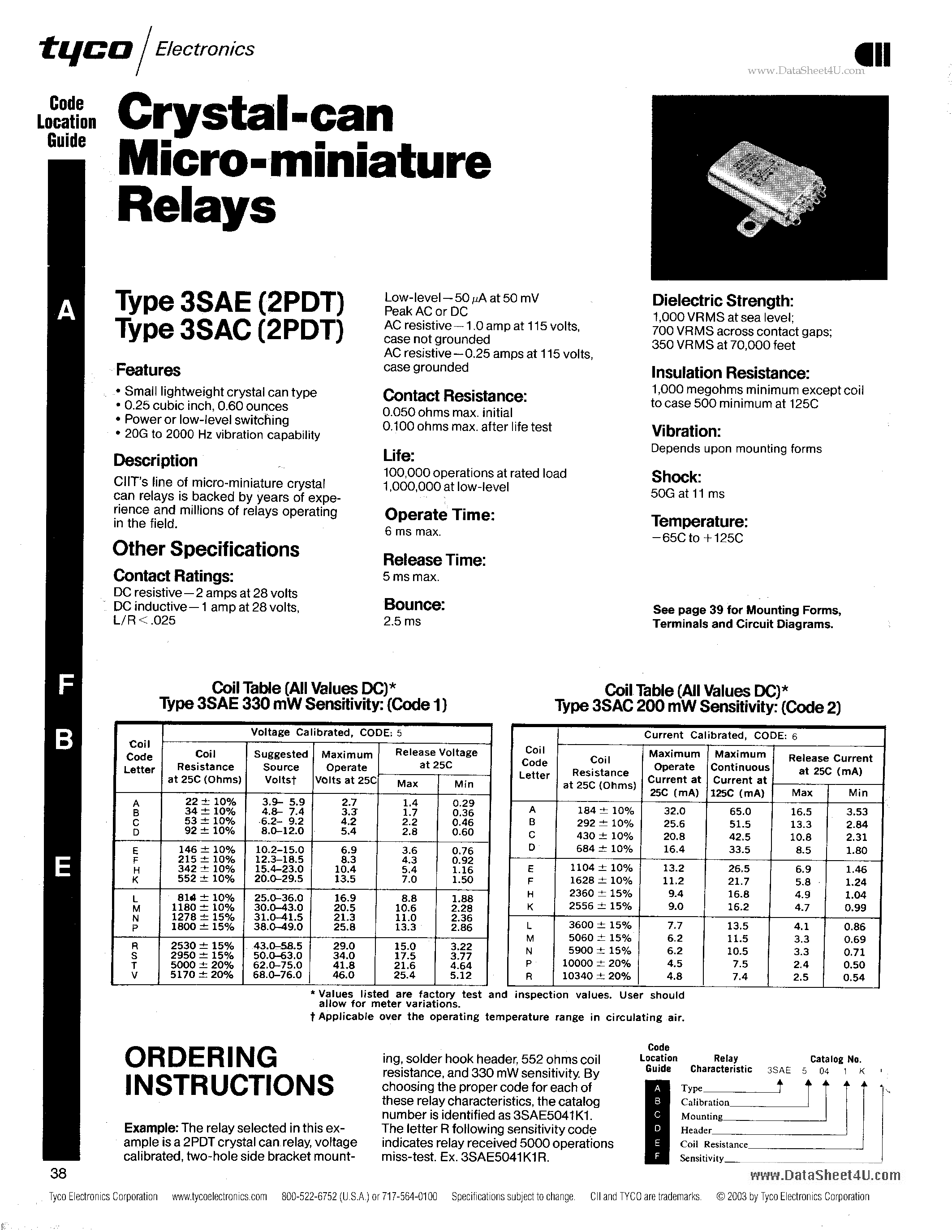 Datasheet 3SAC page 1 Datasheet 3SAC - Crystal-can-Micro-miniature Relays page 1