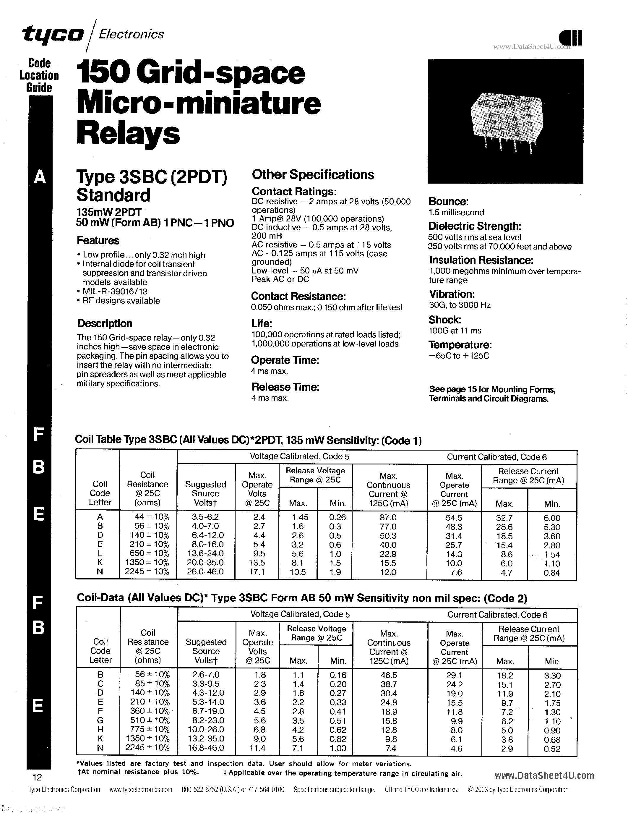 Datasheet 3SBC - 150 Grid-space Micro-miniature Relays page 1