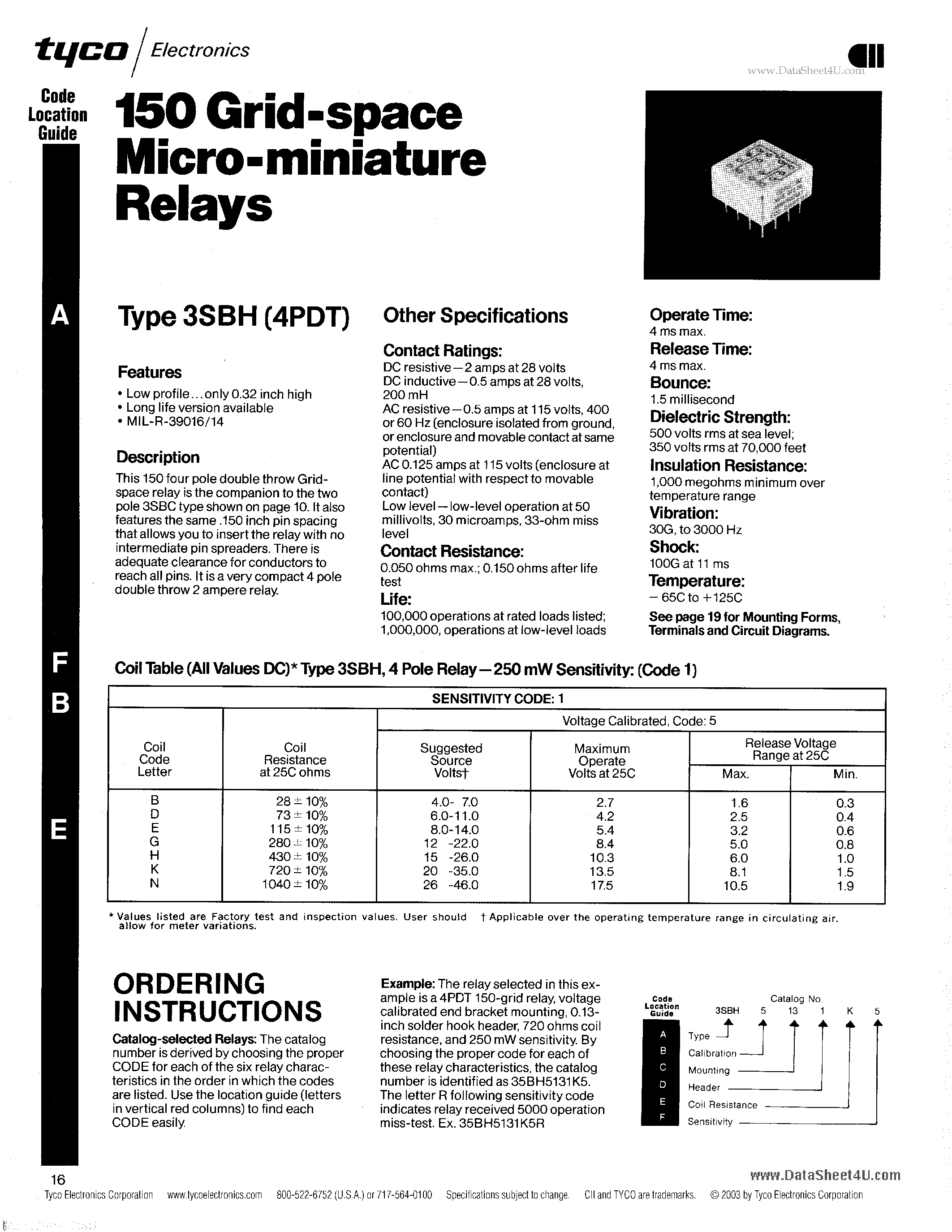 Datasheet 3SBH - 150 Grid-space Micro-miniature Relays page 1
