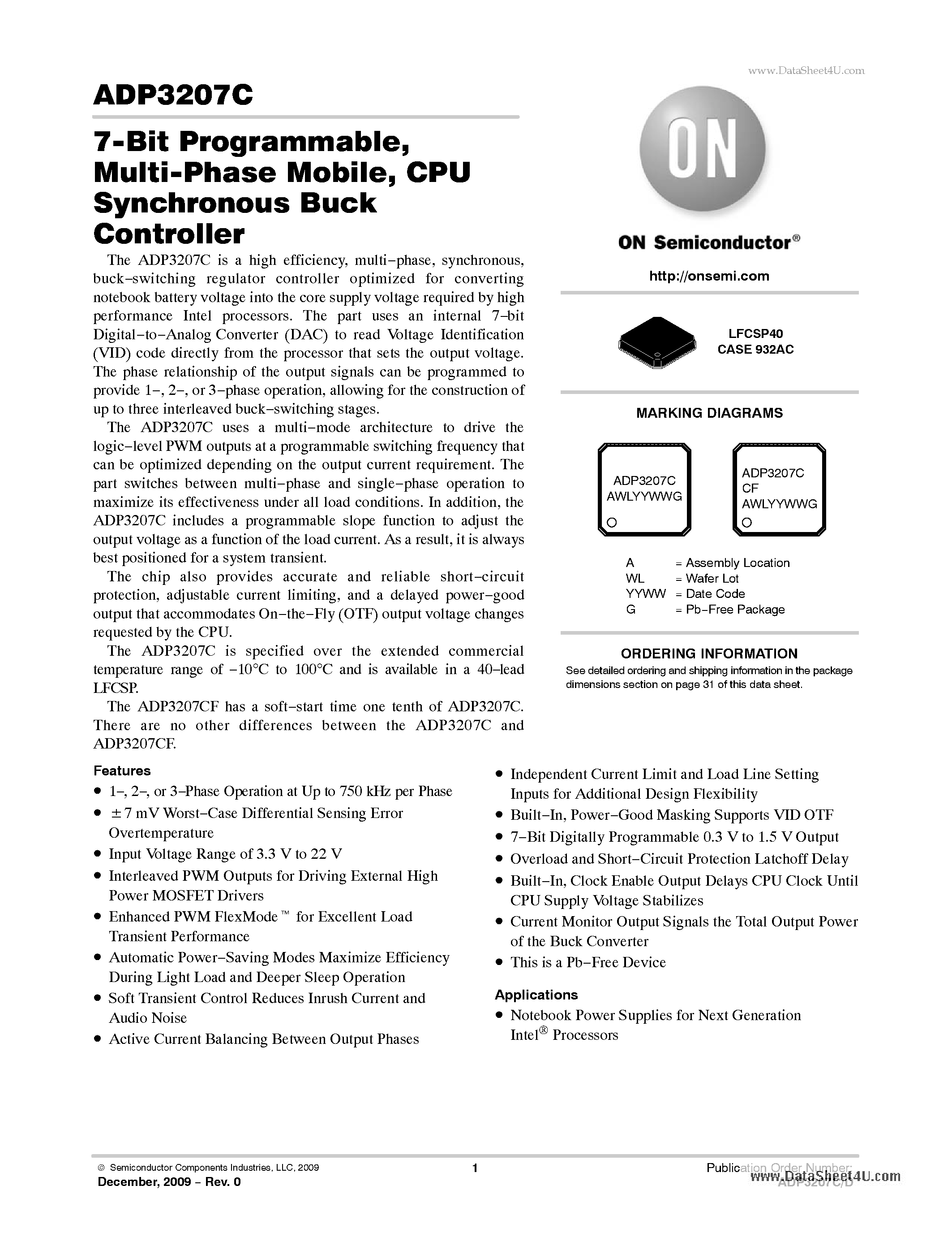 Datasheet ADP3207C - CPU Synchronous Buck Controller page 1