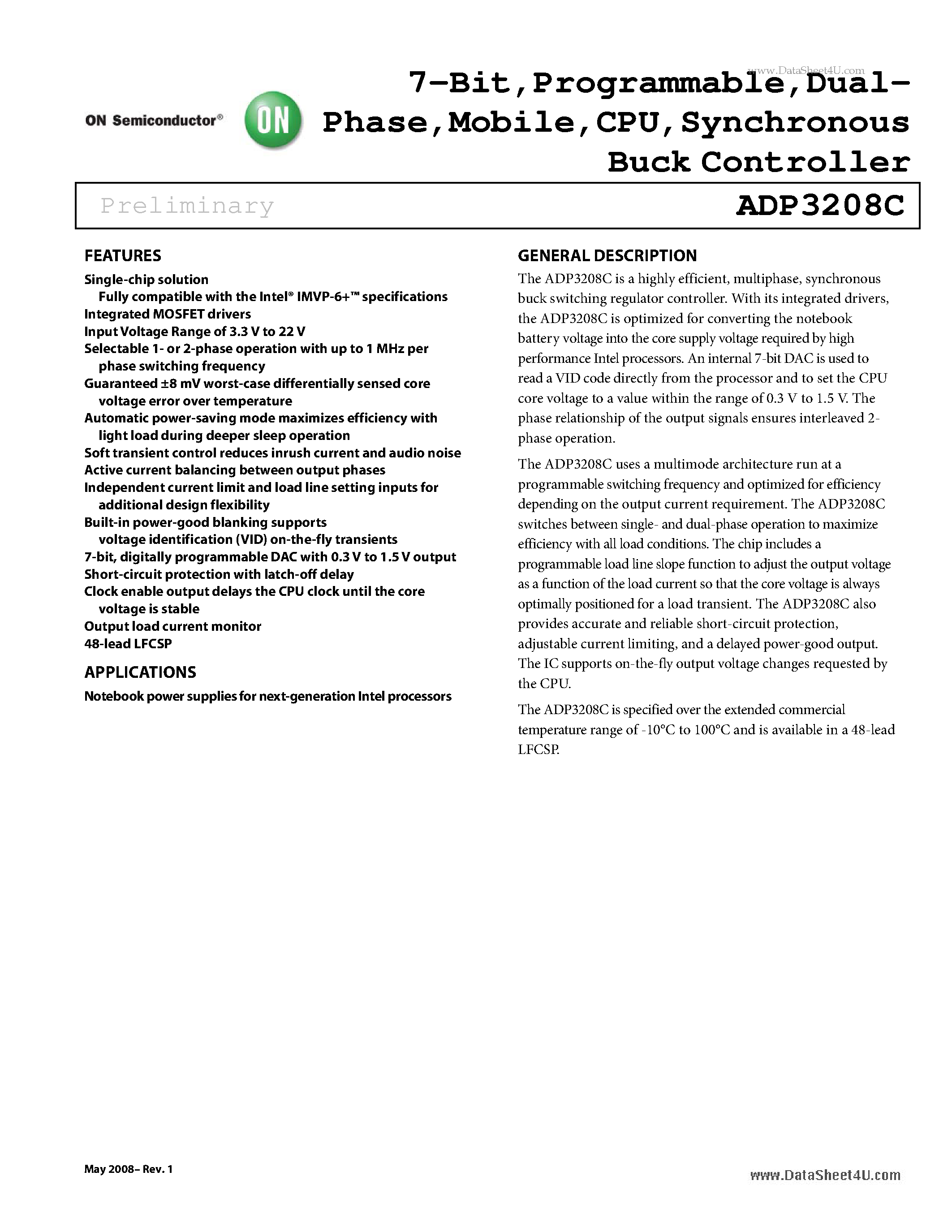 Datasheet ADP3208C - CPU Synchronous Buck Controller page 1