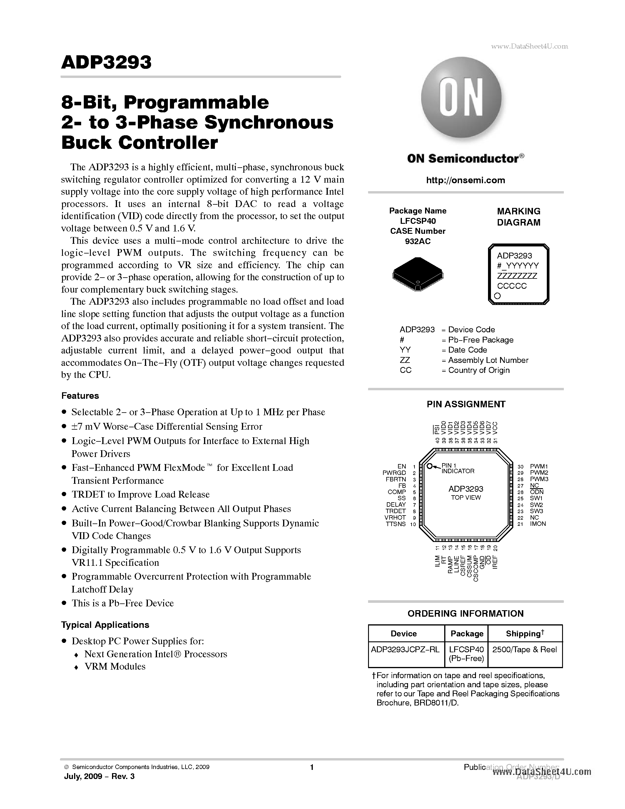 Datasheet ADP3293 - Programmable 2- to 3-Phase Synchronous Buck Controller page 1