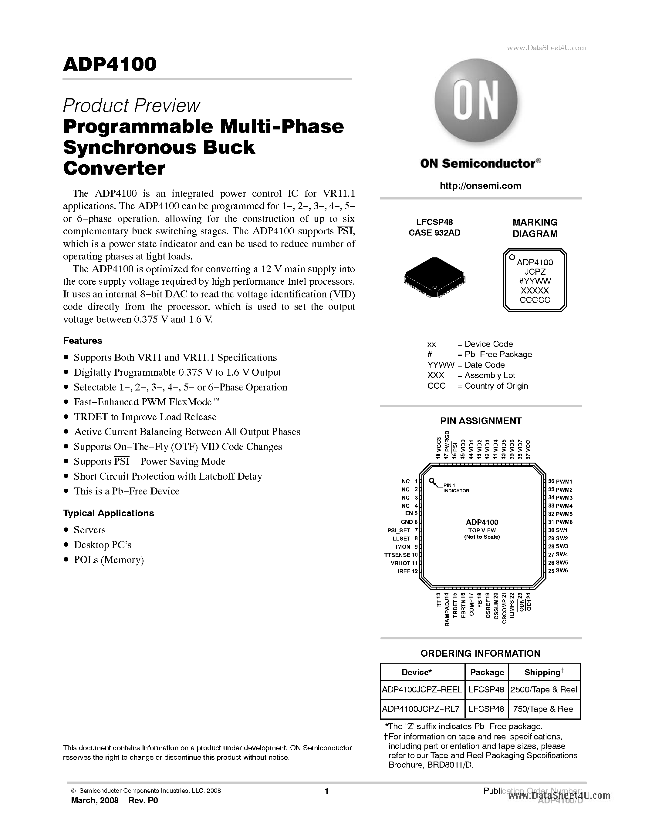 Даташит на микросхему ADP4100 страница 1 Даташит ADP4100 - Programmable Multi-Phase Synchronous Buck Converter страница 1