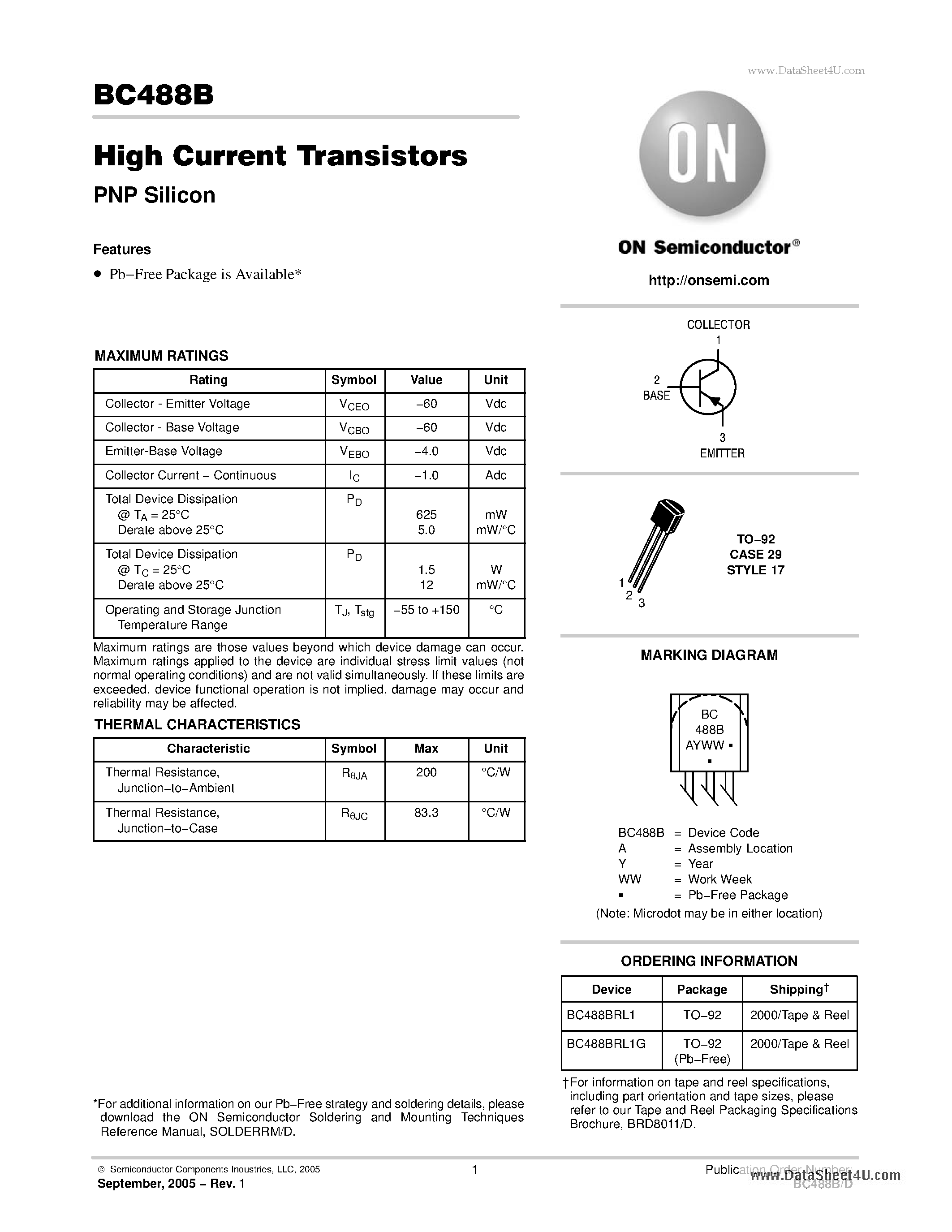 Даташит BC488B - High Current Transistors PNP Silicon страница 1