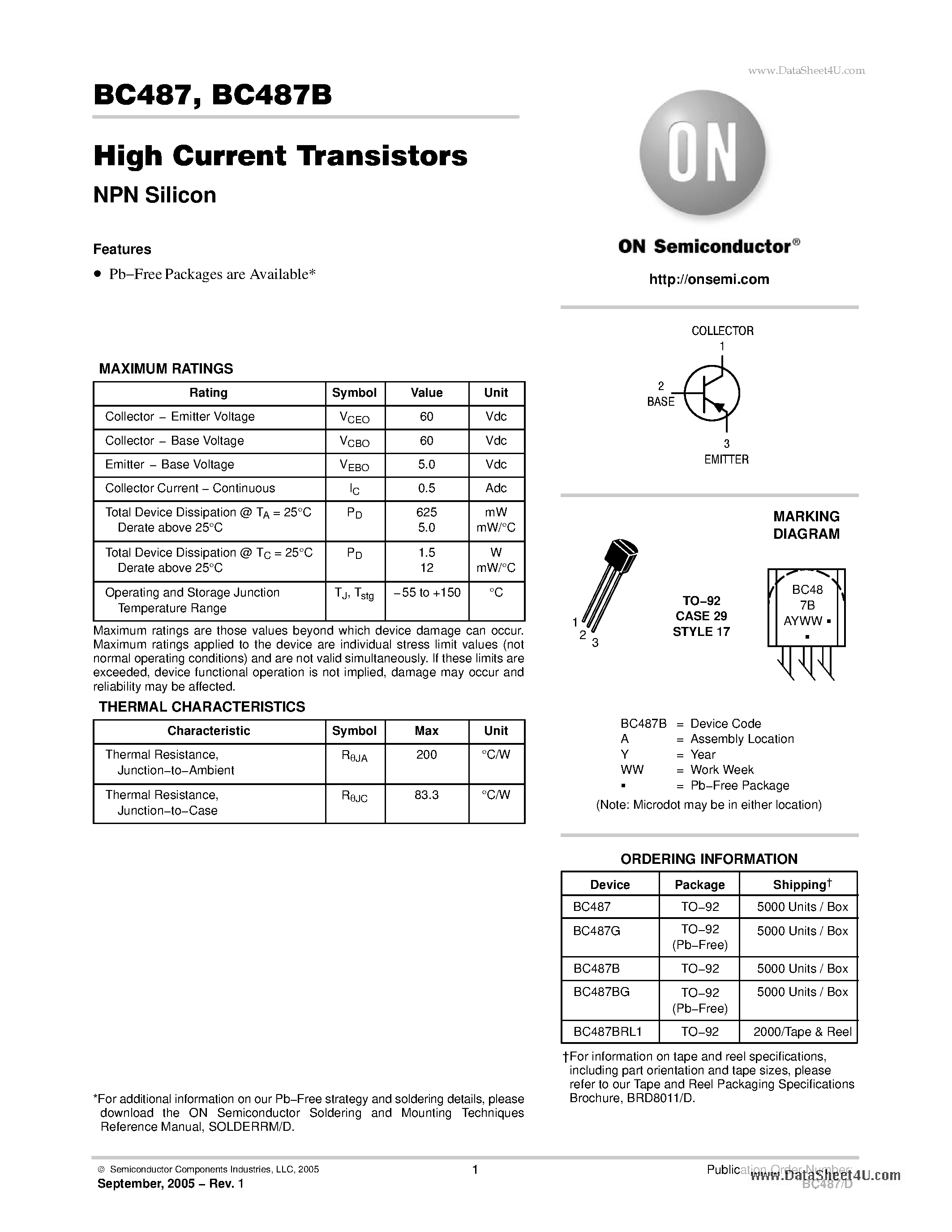 Даташит BC487 - High Current Transistors NPN Silicon страница 1