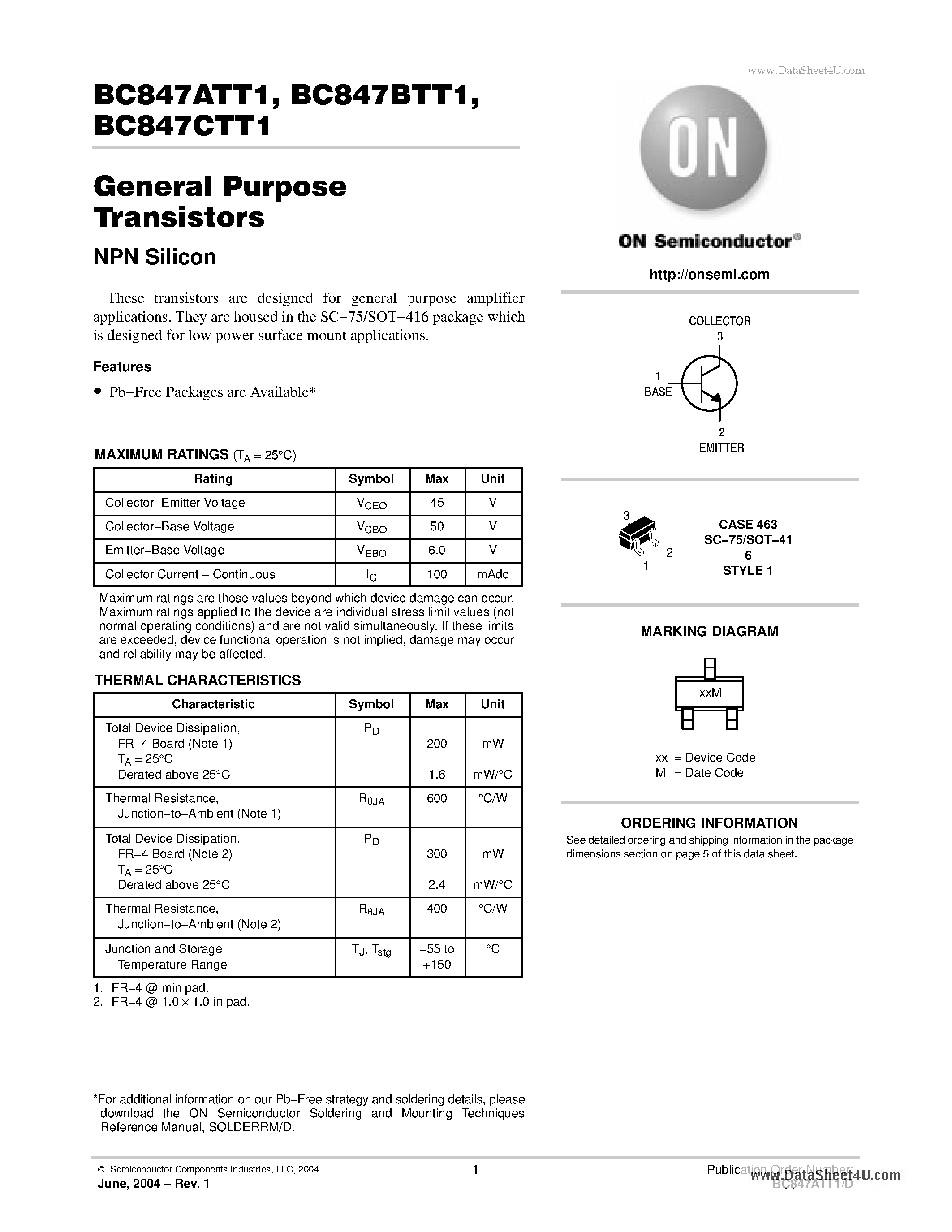 Даташит BC847ATT1 - General Purpose Transistors NPN Silicon страница 1