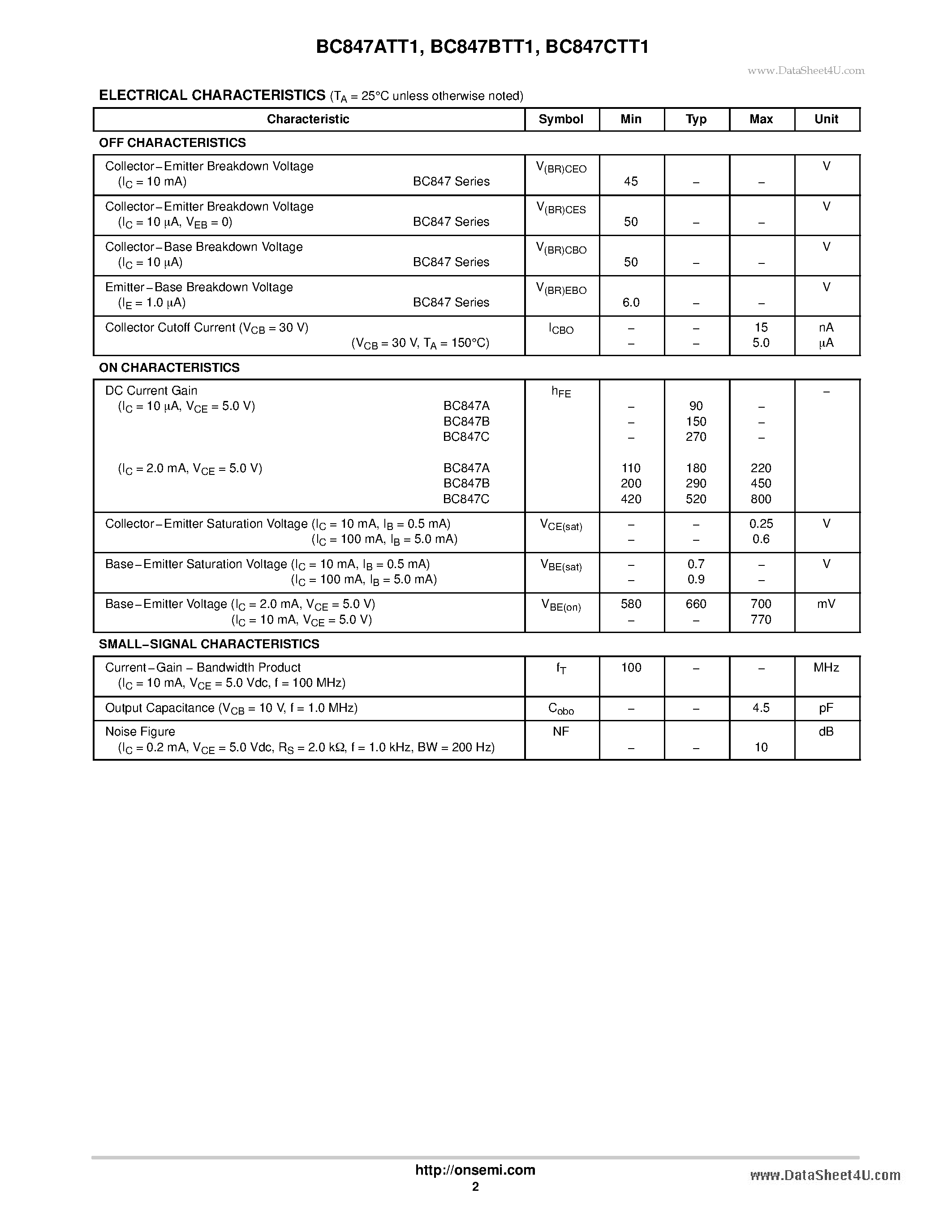 Даташит BC847ATT1 - General Purpose Transistors NPN Silicon страница 2