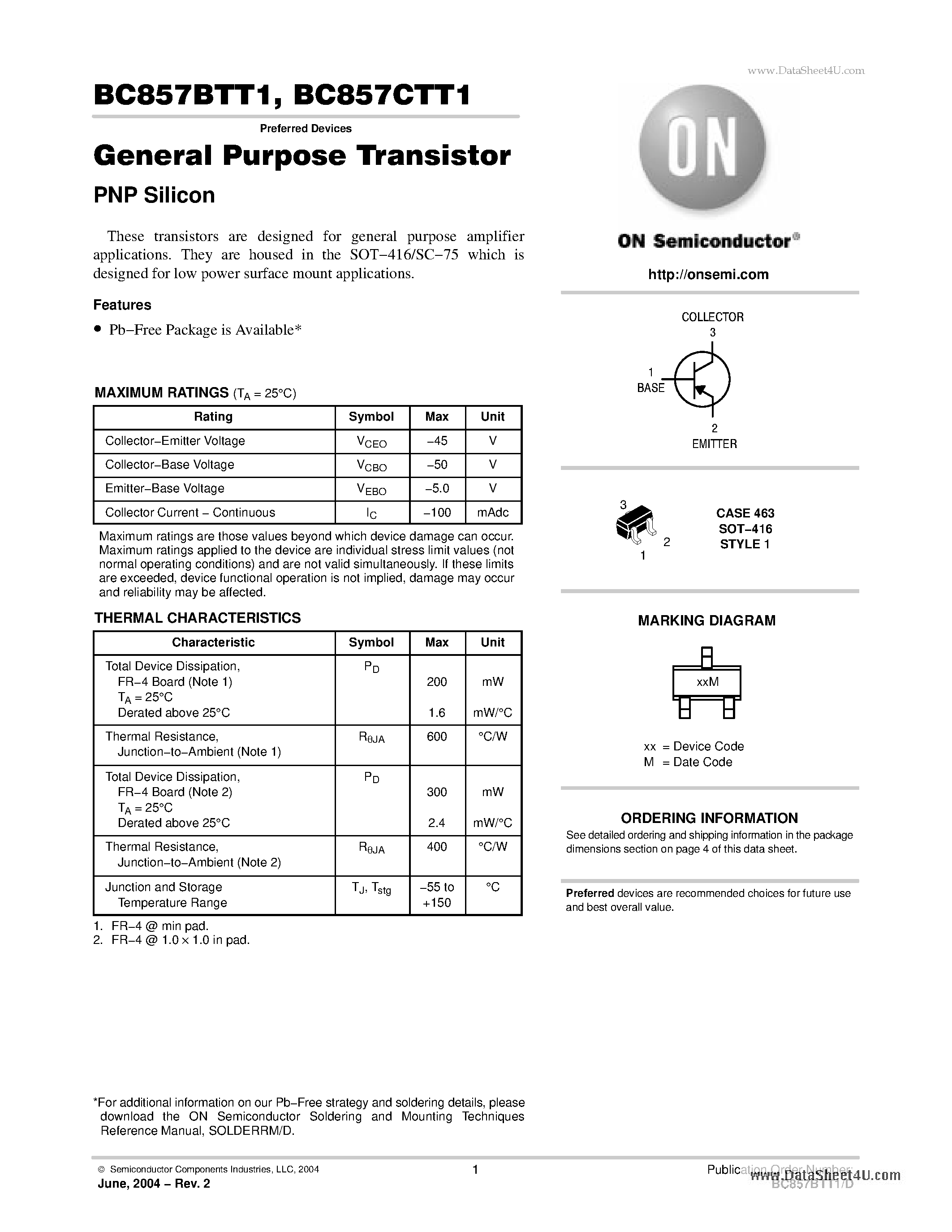 Даташит BC857BTT1 - General Purpose Transistors PNP Silicon страница 1