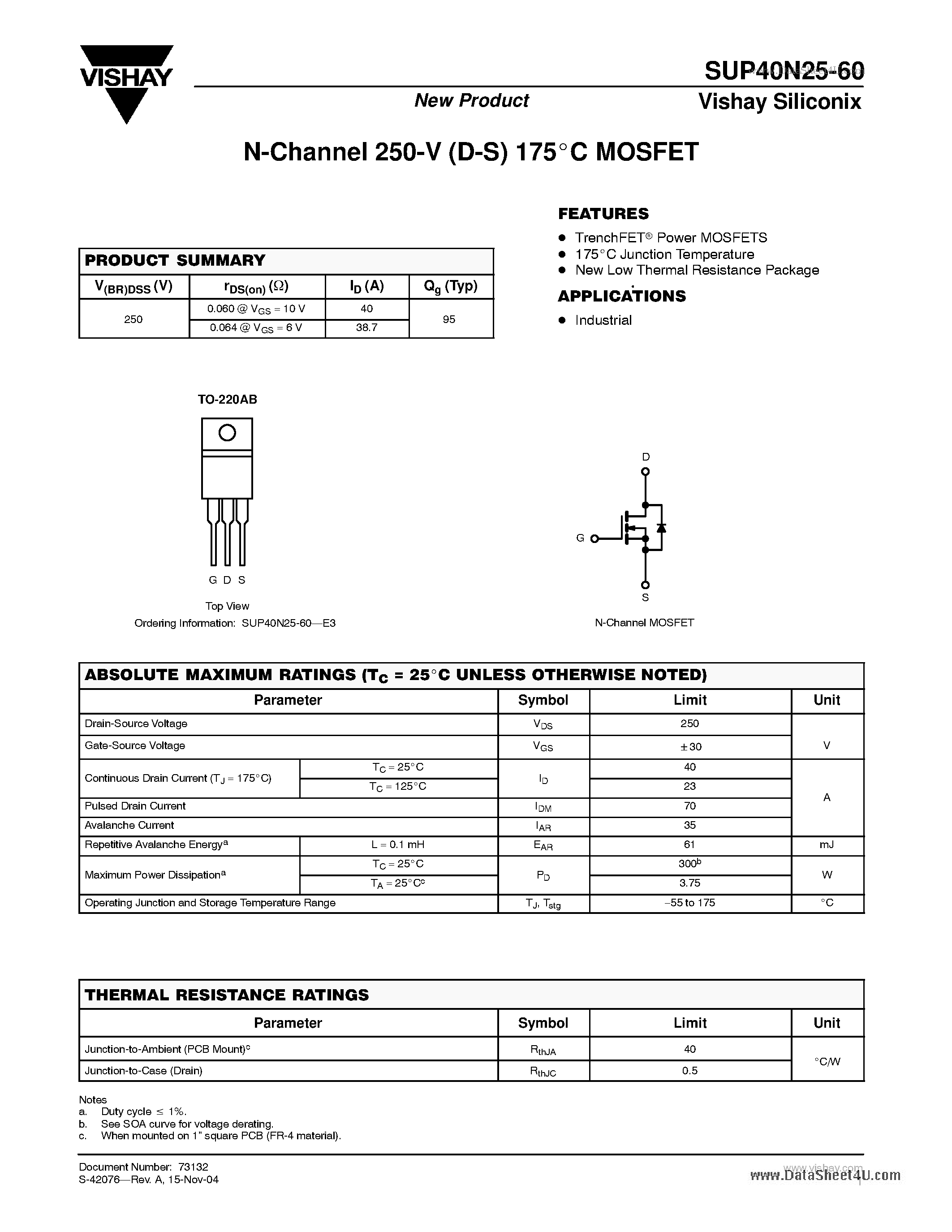Datasheet SUP40N25-60 - N-Channel 250-V (D-S) 175C MOSFET page 1