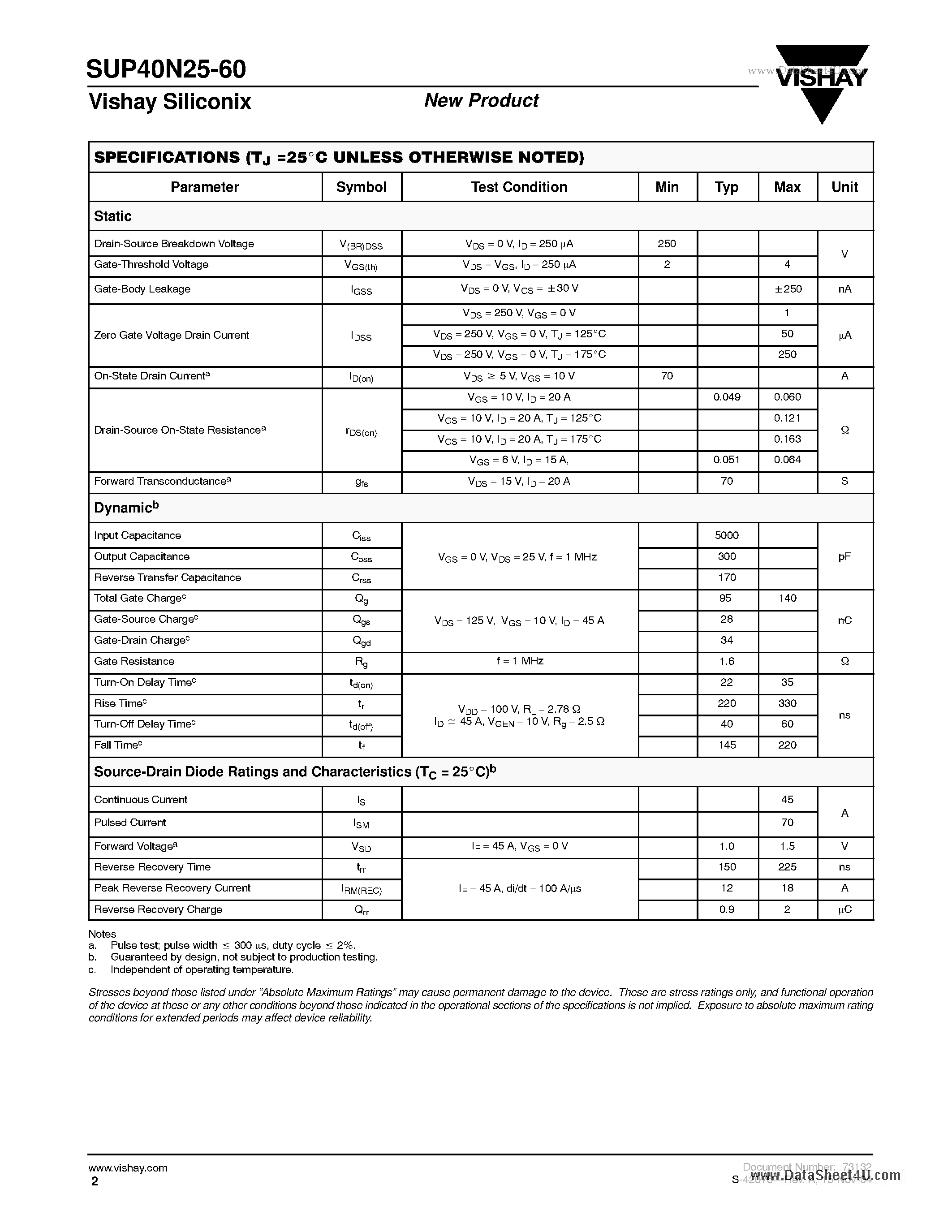 Datasheet SUP40N25-60 - N-Channel 250-V (D-S) 175C MOSFET page 2