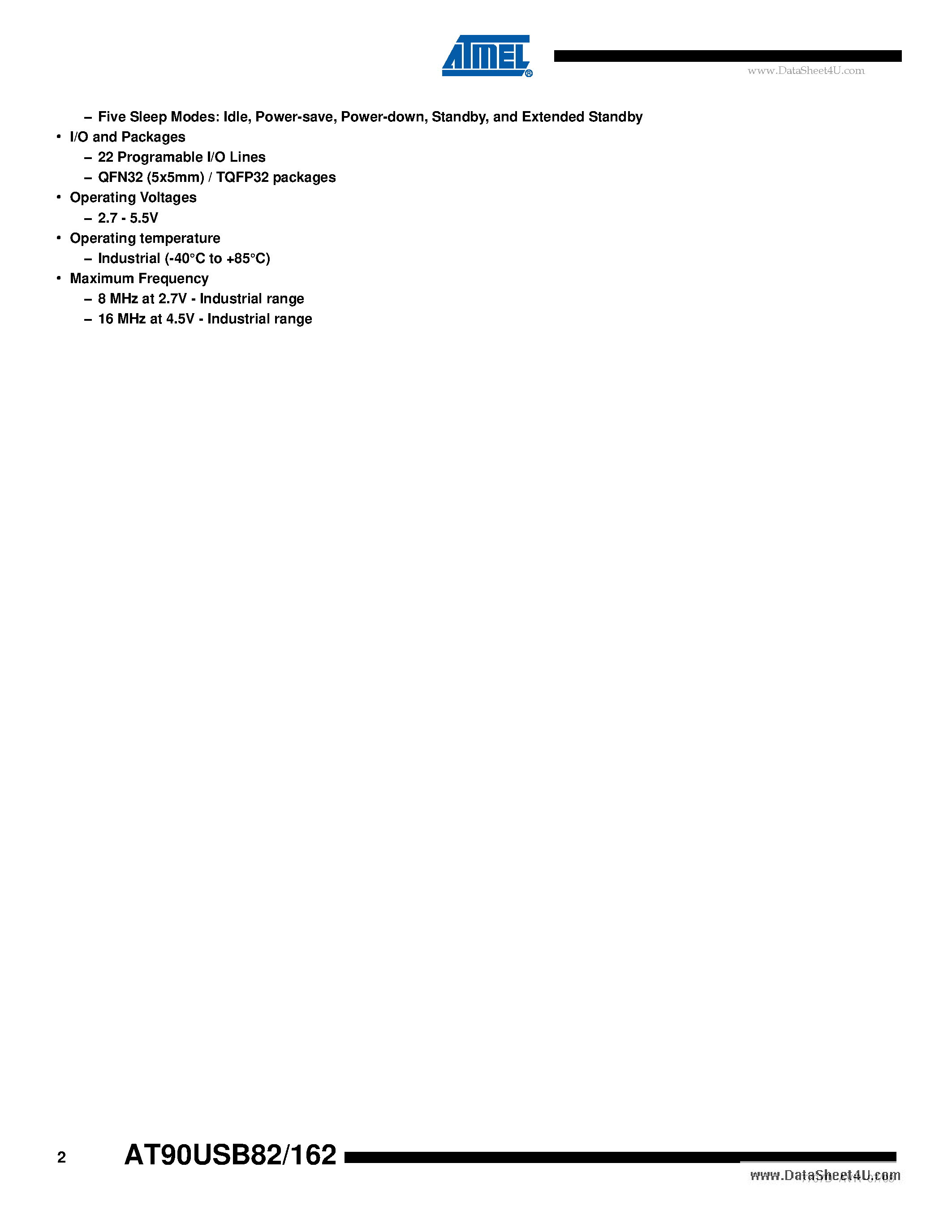 Даташит на микросхему AT90USB162 страница 2 Даташит AT90USB162 - 8-bit Microcontroller страница 2