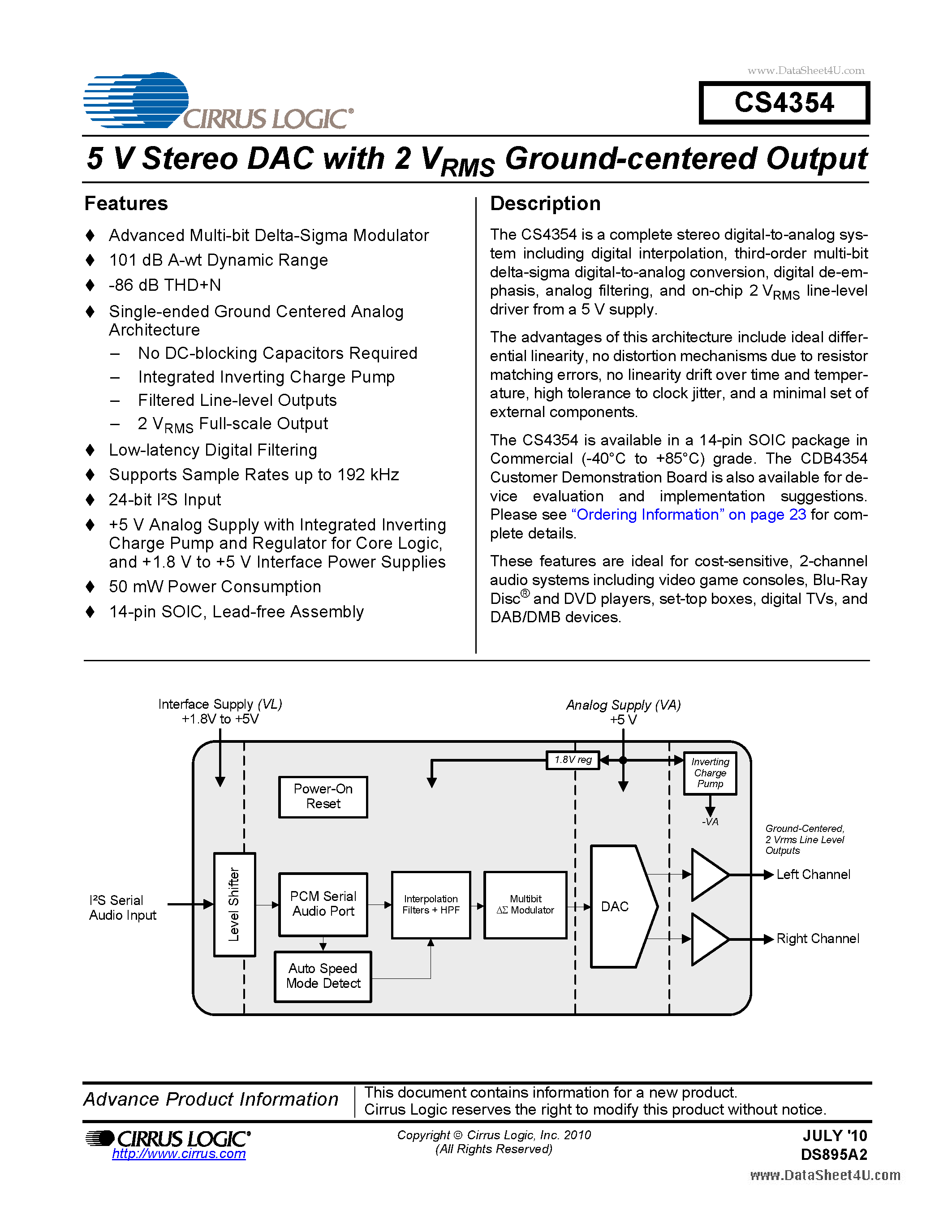 Datasheet CDB4354 - 5 V Stereo DAC page 1
