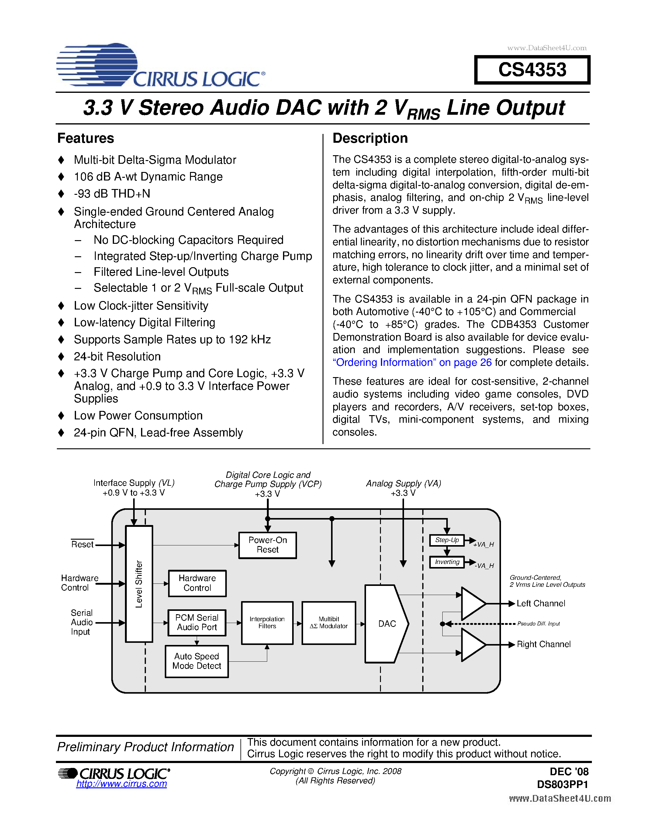 Datasheet CS4353 - 3.3 V Stereo Audio DAC page 1