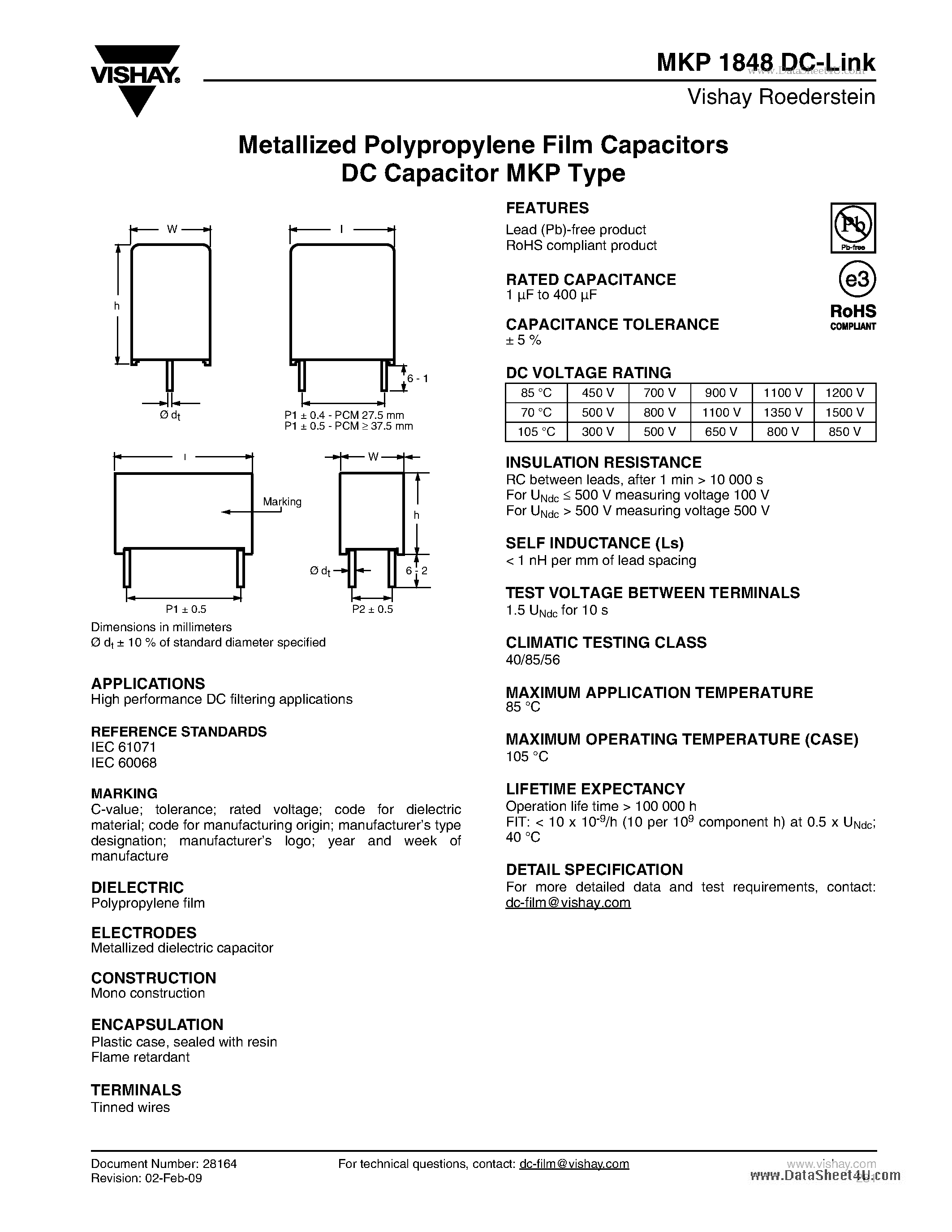 Datasheet MKP1848 - Metallized Polypropylene Film Capacitors DC Capacitor MKP Type page 1