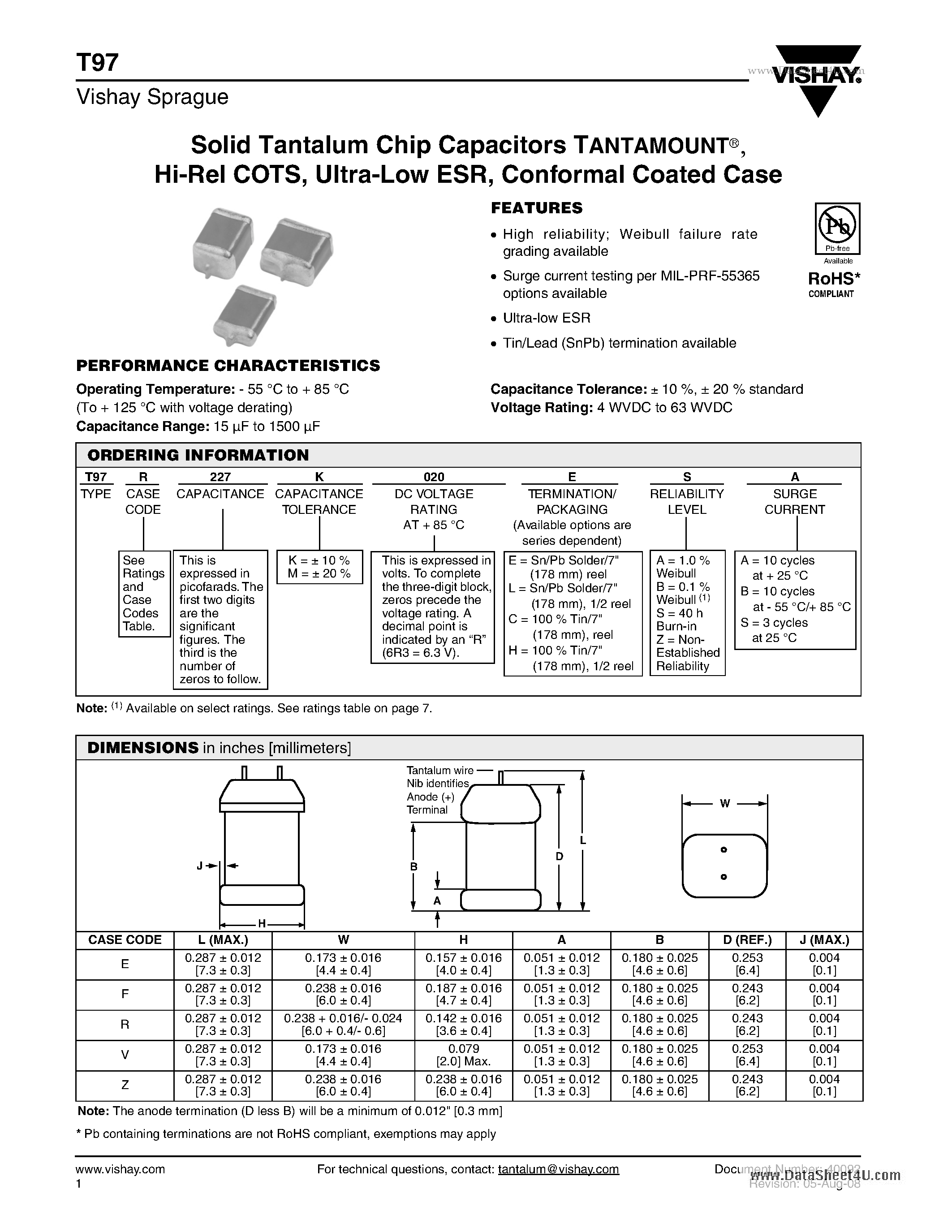 Datasheet T97 - Solid Tantalum Chip Capacitors TANTAMOUNT page 1