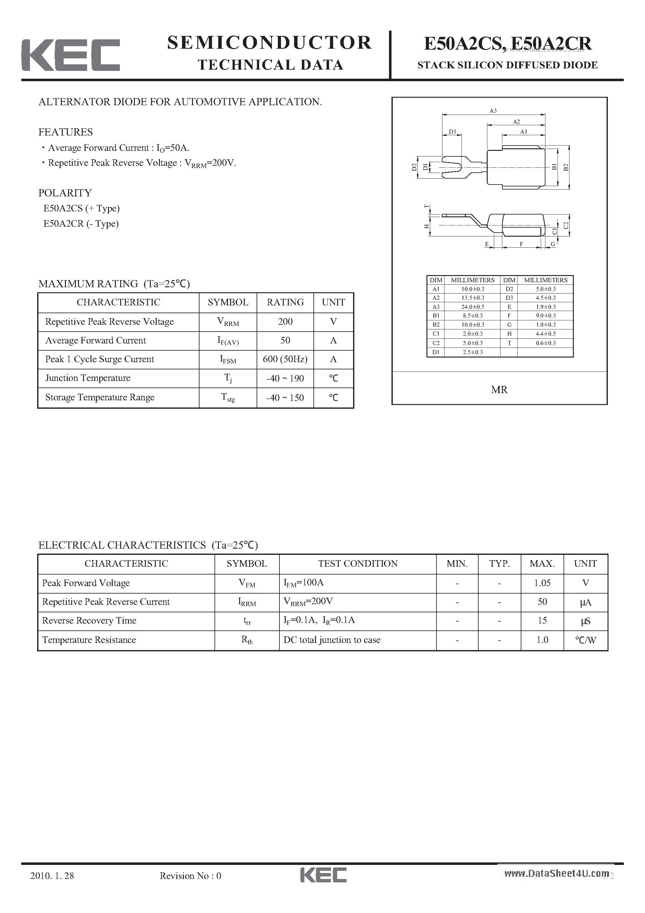 Datasheet E50A2CR page 1 Datasheet E50A2CR - STACK SILICON DIFFUSED DIODE page 1