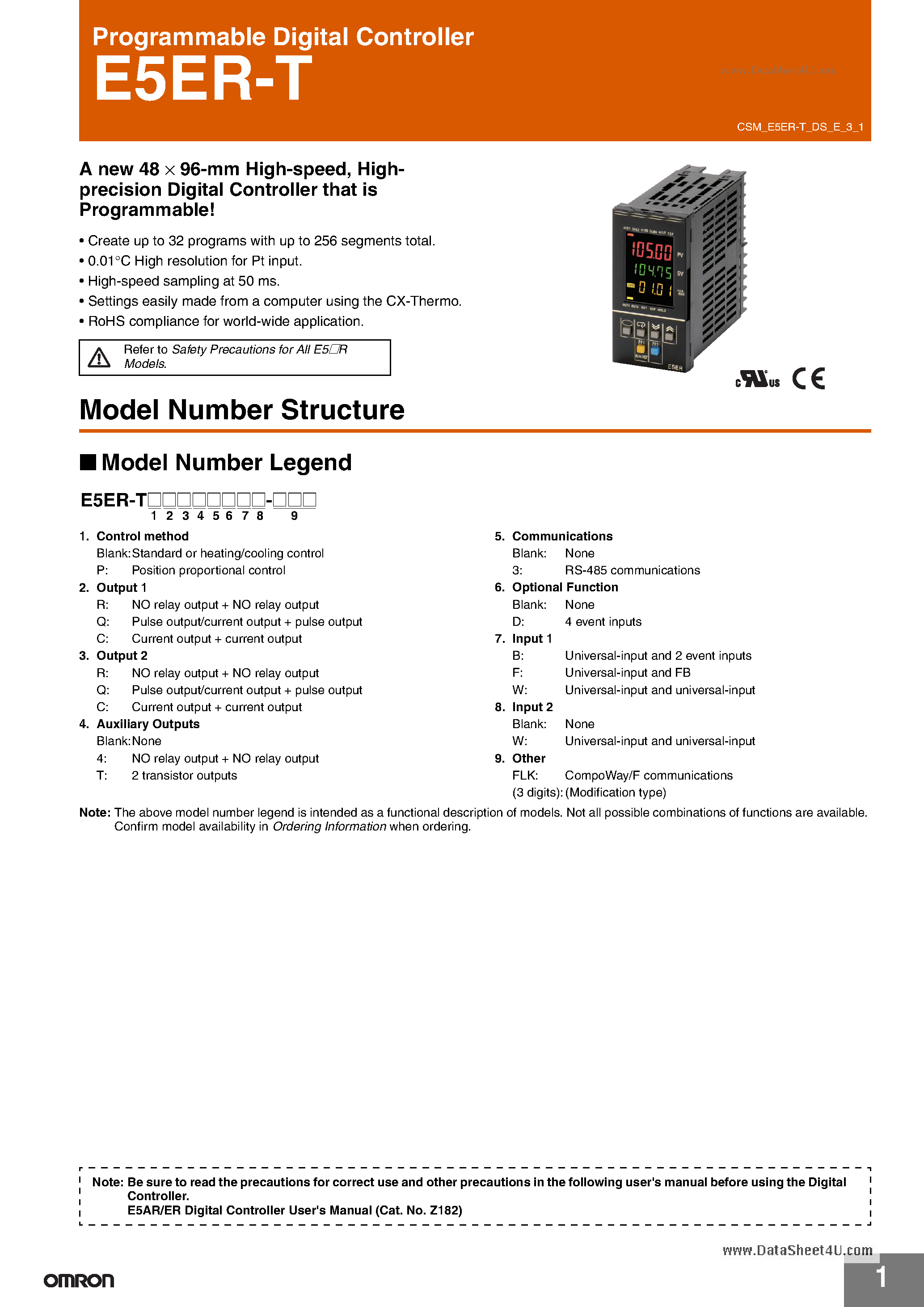 Datasheet E5ER-T - Programmable Temperature Controller page 1