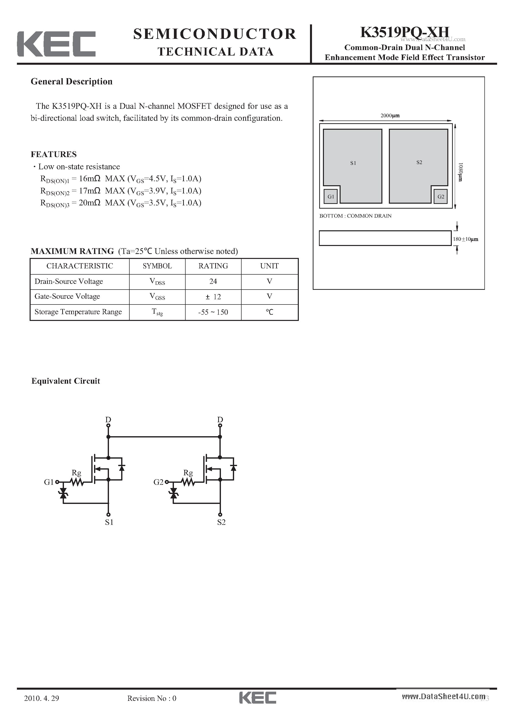 Datasheet K3519PQ-XH - Common-Drain Dual N-Channel Enhancement Mode Field Effect Transistor page 1
