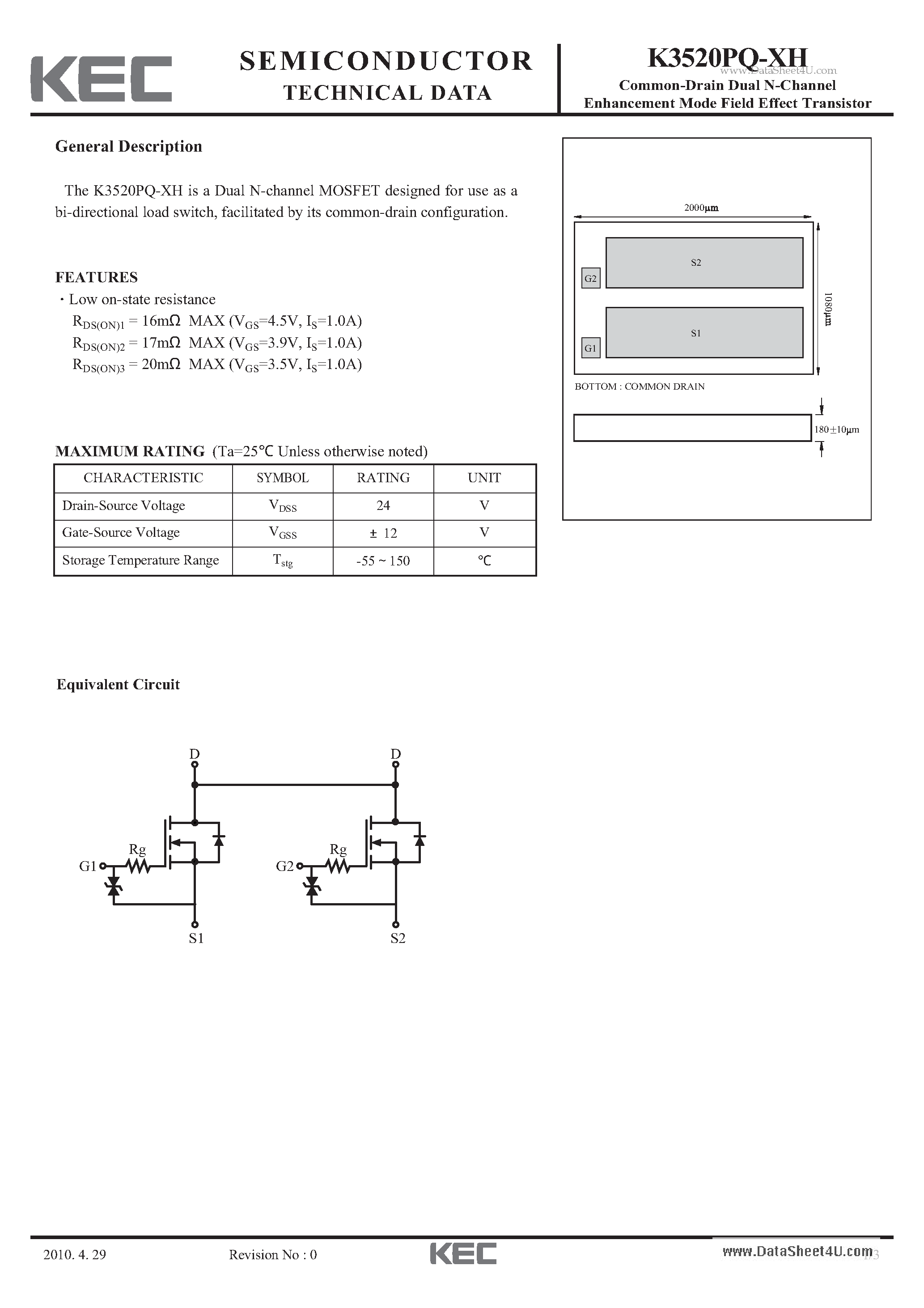 Datasheet K3520PQ-XH - Common-Drain Dual N-Channel Enhancement Mode Field Effect Transistor page 1