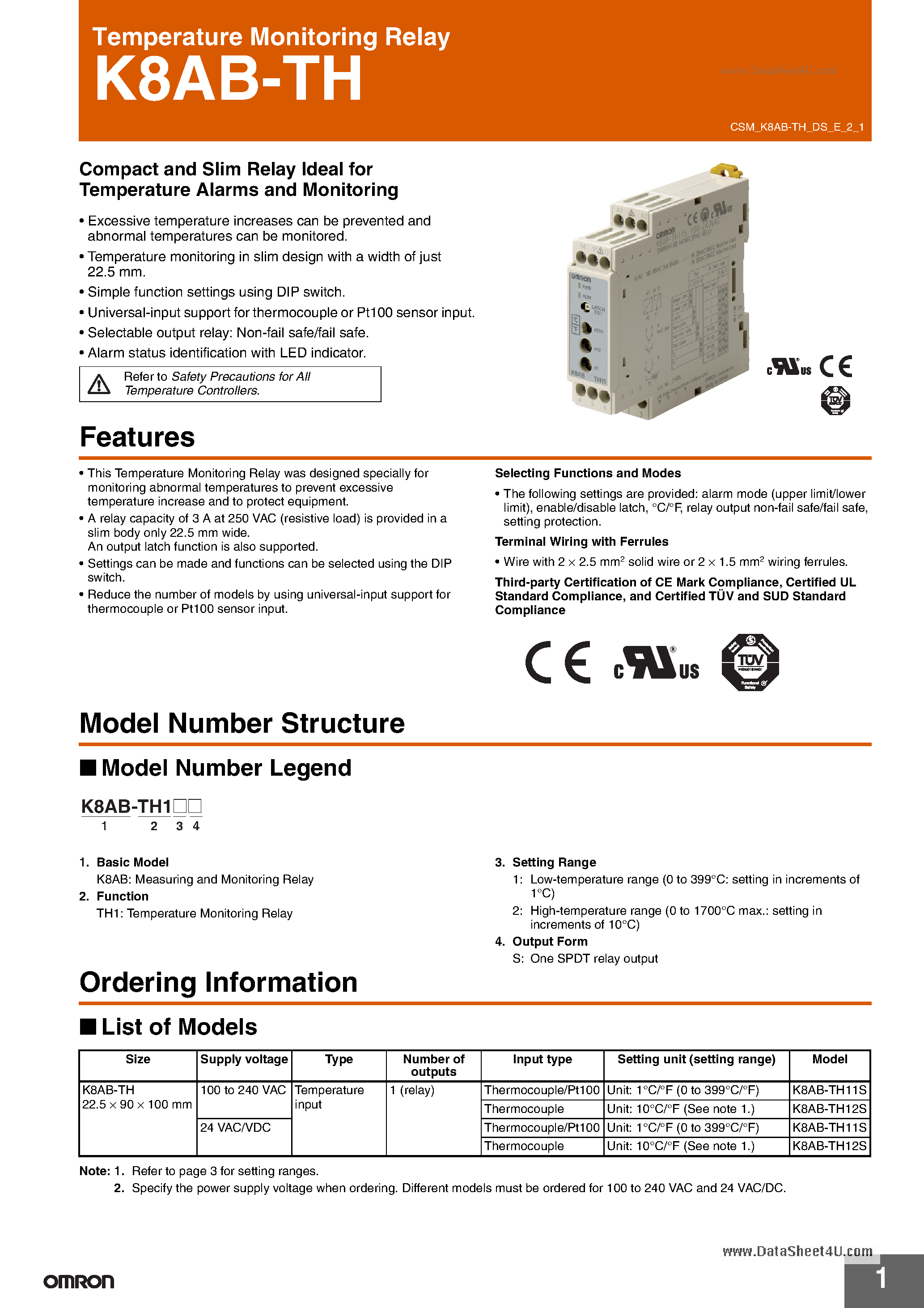 Даташит K8AB-TH - Temperature Monitoring Relay страница 1
