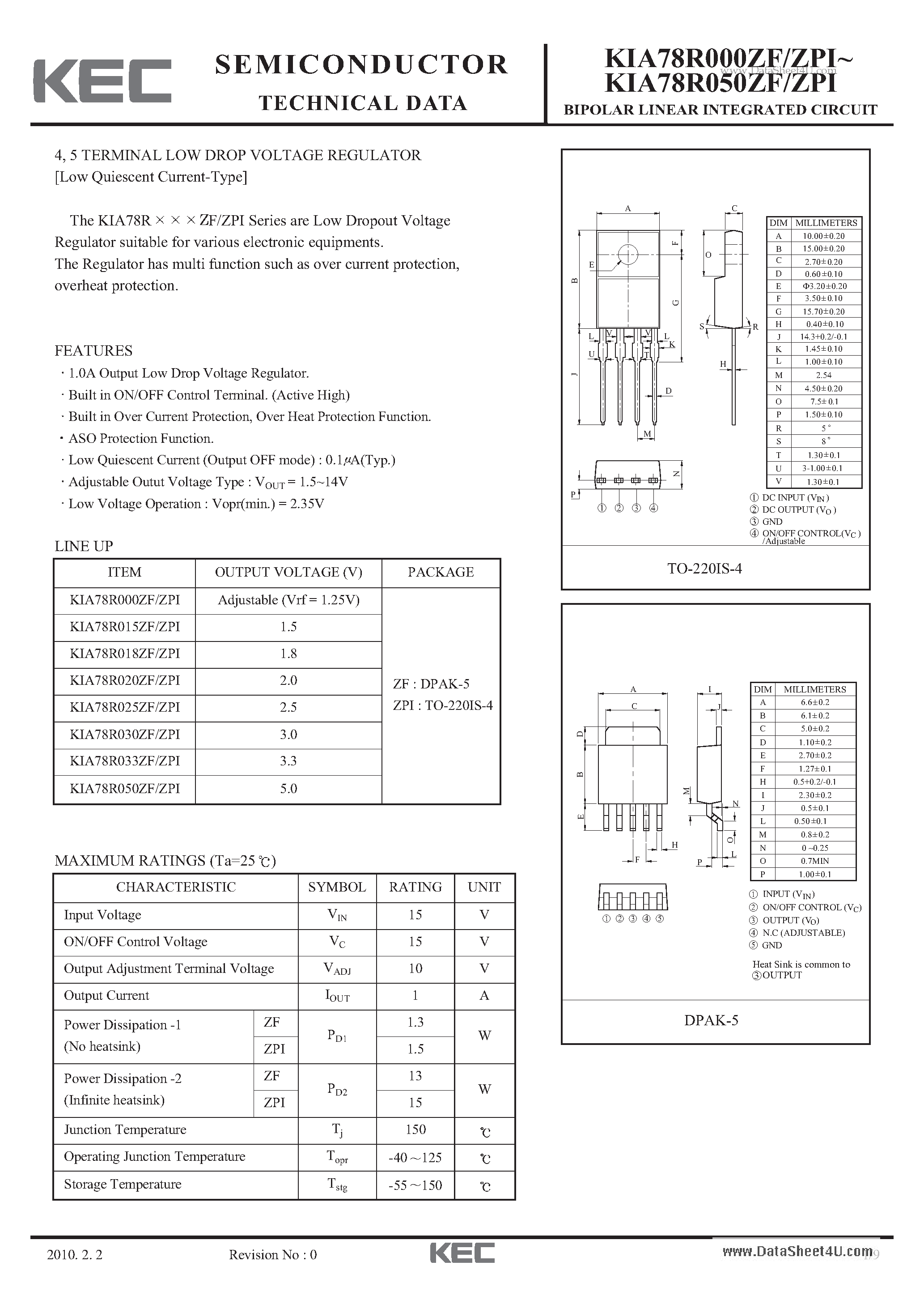 Даташит на микросхему KIA78R000ZF страница 1 Даташит KIA78R000ZF - BIPOLAR LINEAR INTEGRATED CIRCUIT страница 1