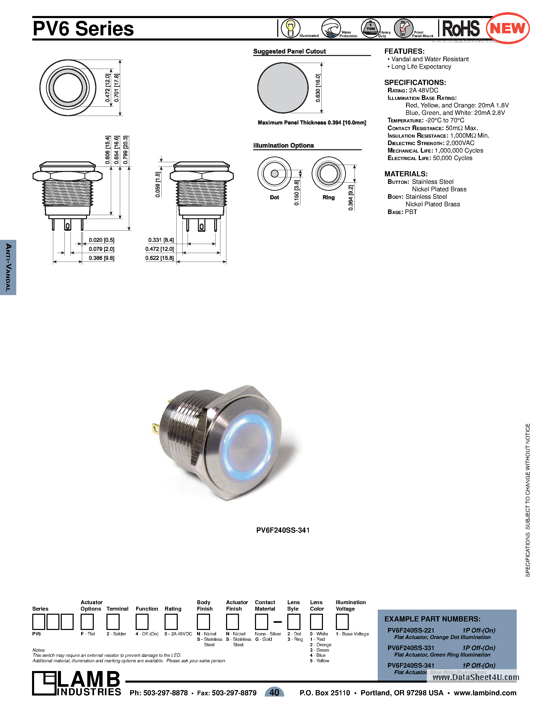 Datasheet PV6 - Vandal and Water Resistant Long Life Expectancy page 1