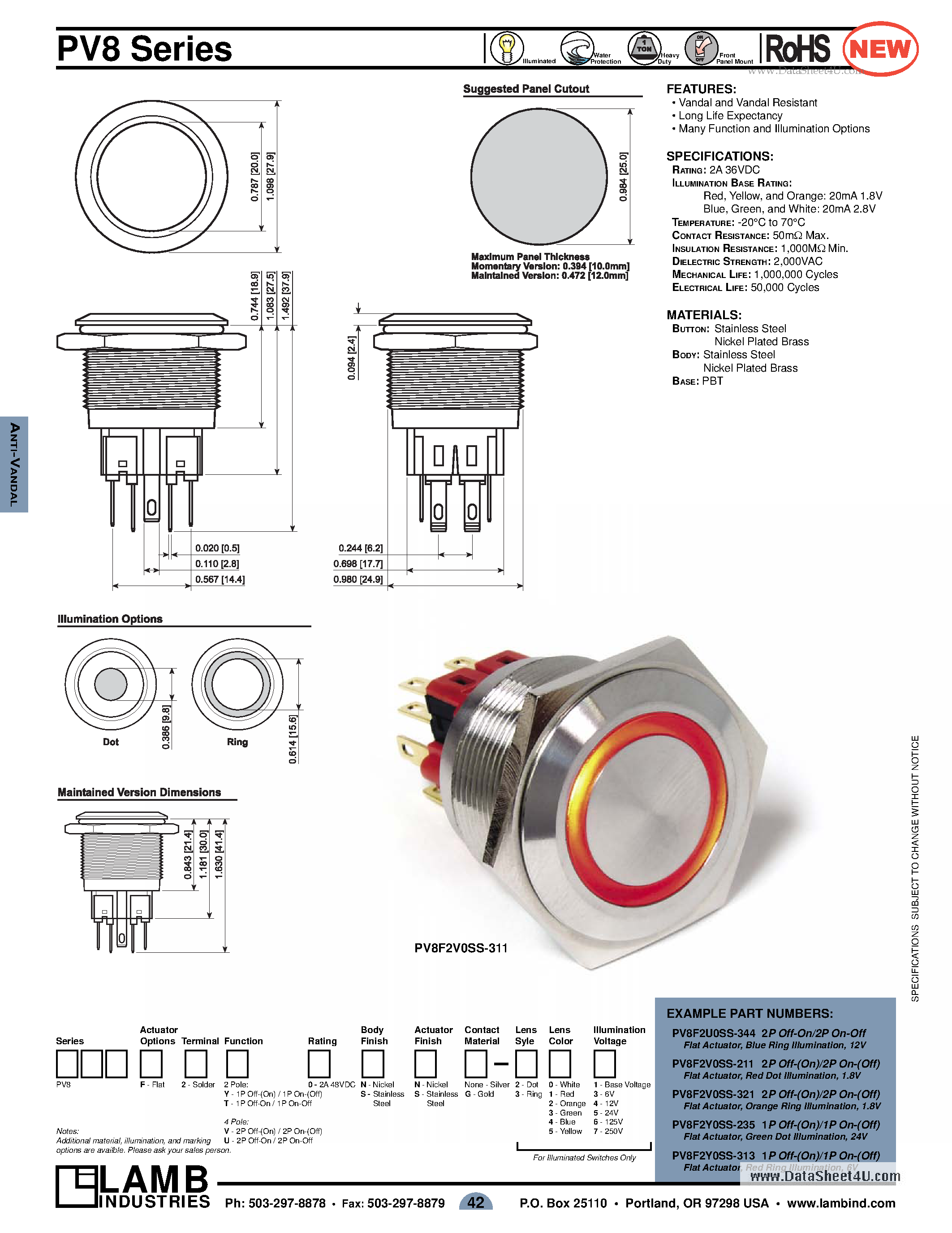 Даташит на микросхему PV8 страница 1 Даташит PV8 - Vandal and Vandal Resistant Long Life Expectancy Many Function and Illumination Options страница 1