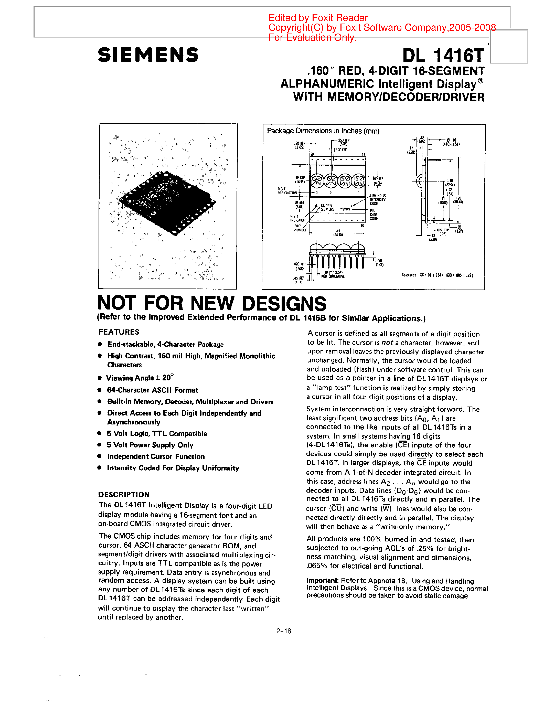 Даташит DL1416T - 160 RED 4-DIGIT 16-SEGMENTALPHANUMBERIC INTELLIGENT DISPLAY-R страница 1